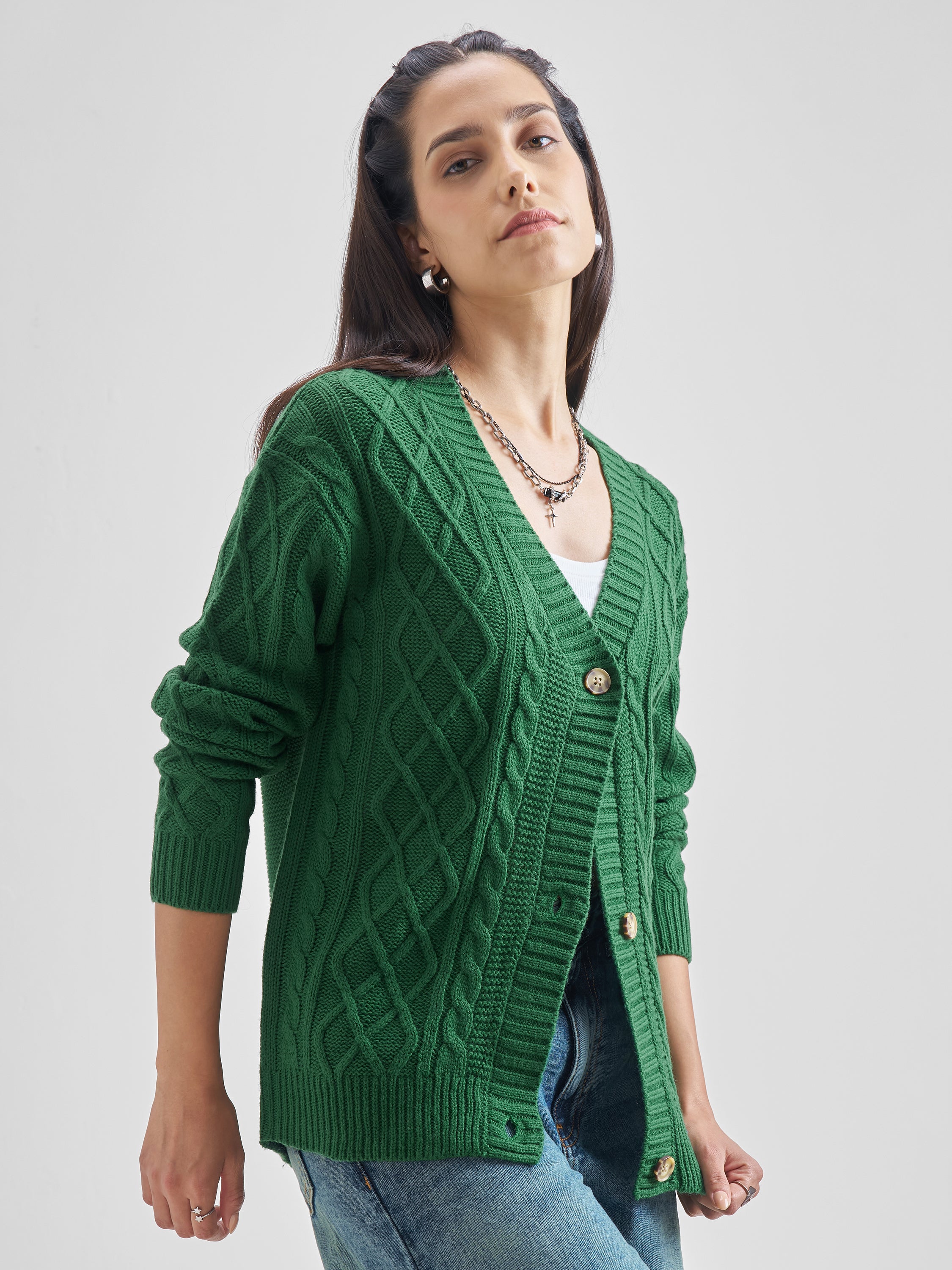 Tokyo Talkies Women Green Round Neck Cardigan Sweater - Green - Image 6