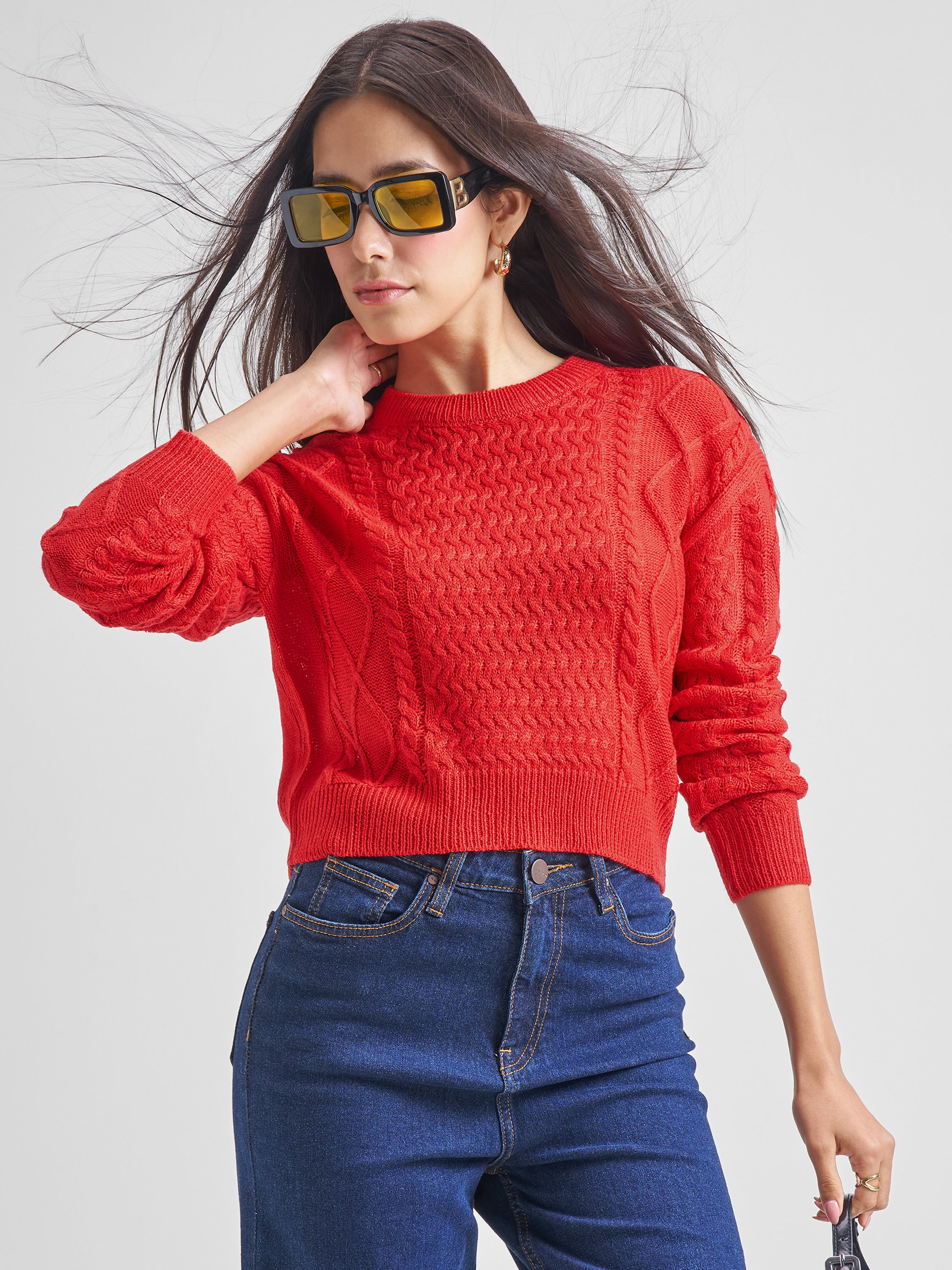 Tokyo Talkies Women Red Round Neck Sweater - Red - Image 1