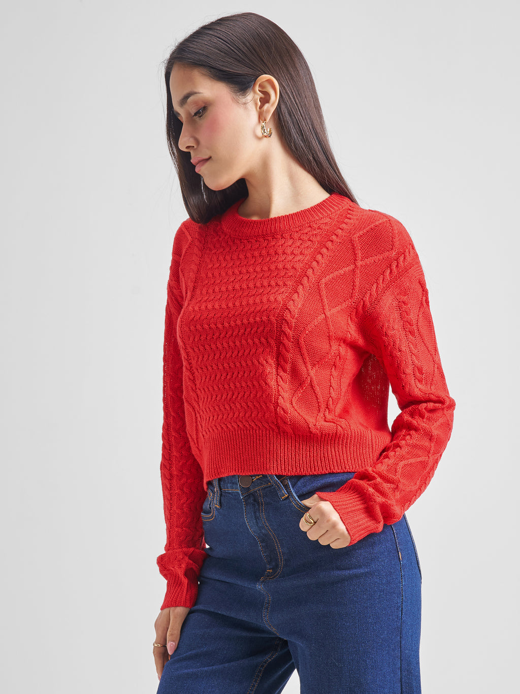 Tokyo Talkies Women Red Round Neck Sweater - Red - Image 4