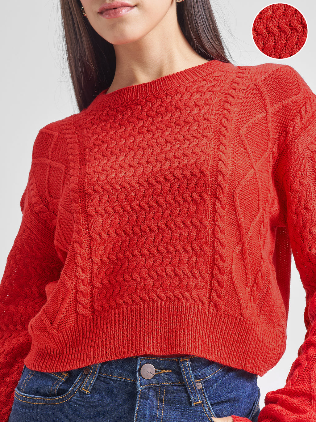 Tokyo Talkies Women Red Round Neck Sweater - Red - Image 5