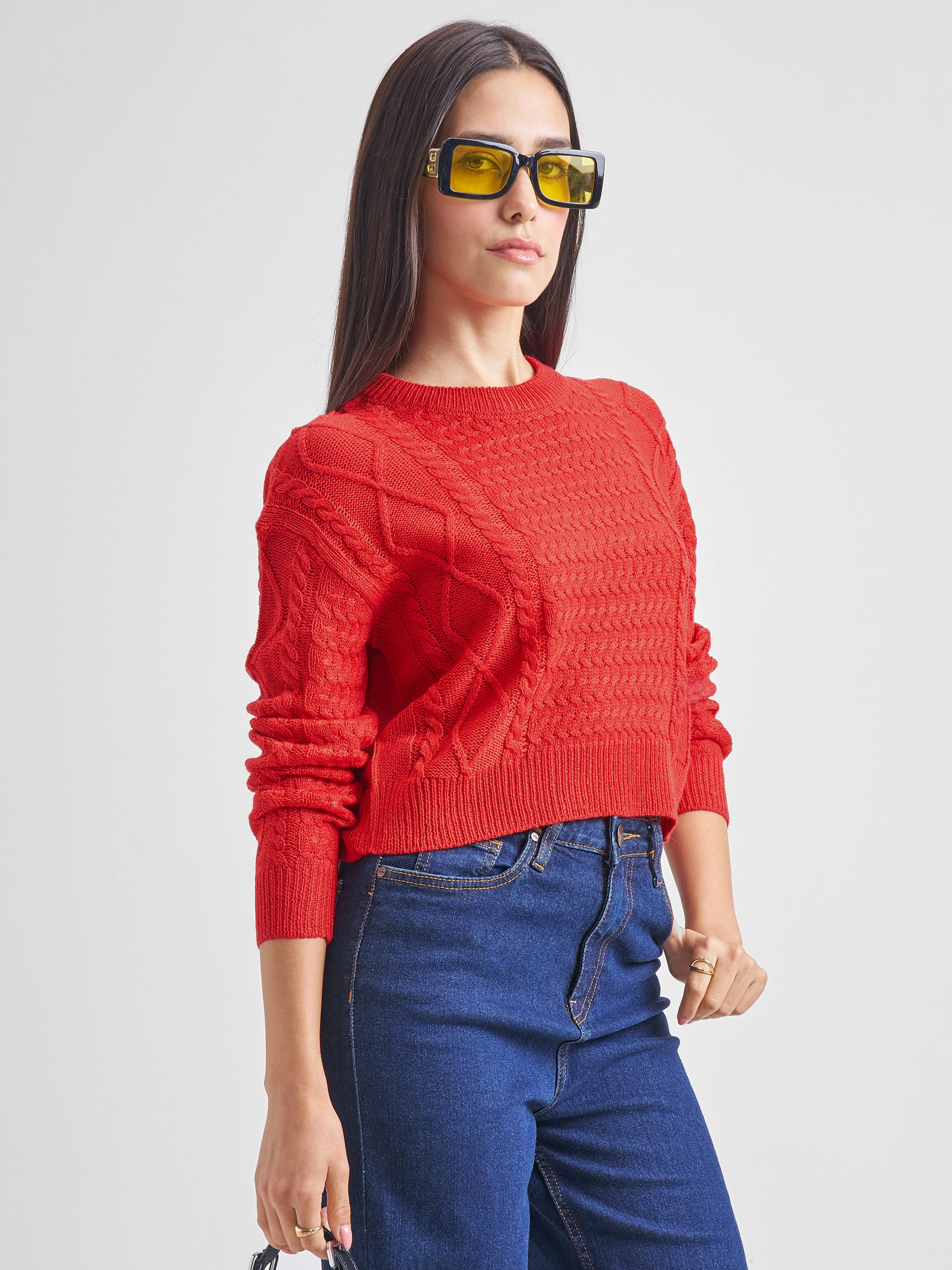 Tokyo Talkies Women Red Round Neck Sweater - Red - Image 6