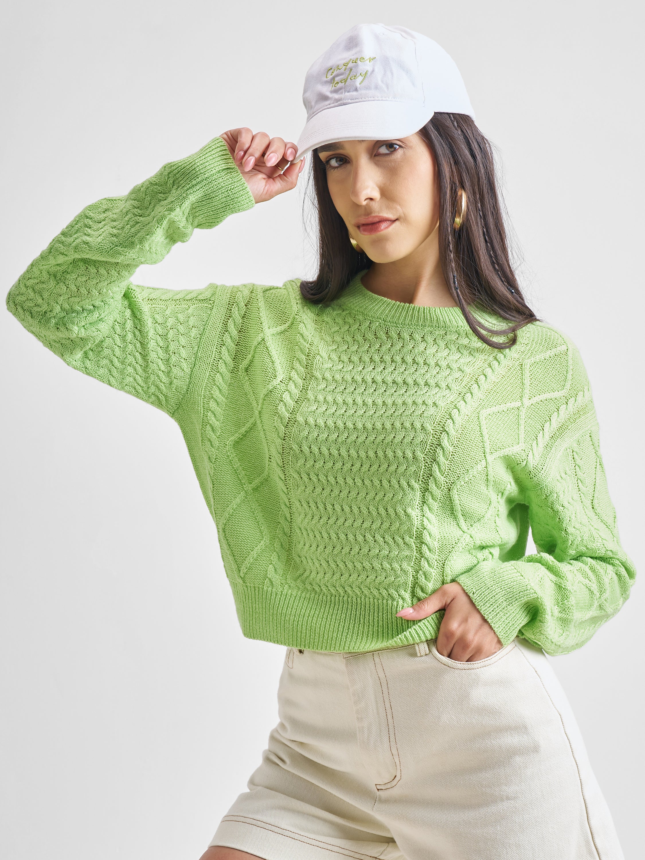 Tokyo Talkies Women Green Round Neck Sweater - Green - Image 1