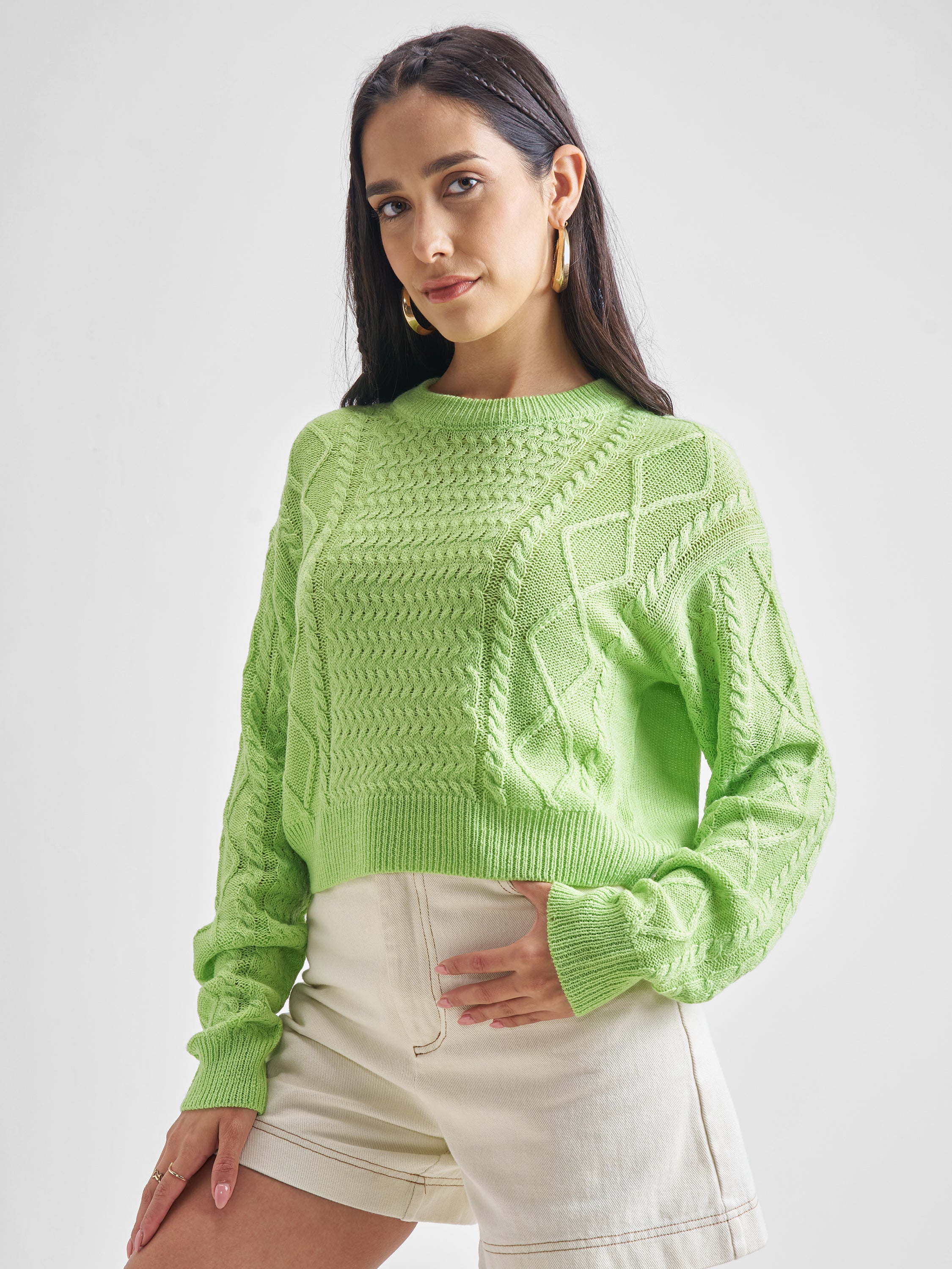 Tokyo Talkies Women Green Round Neck Sweater - Green - Image 4