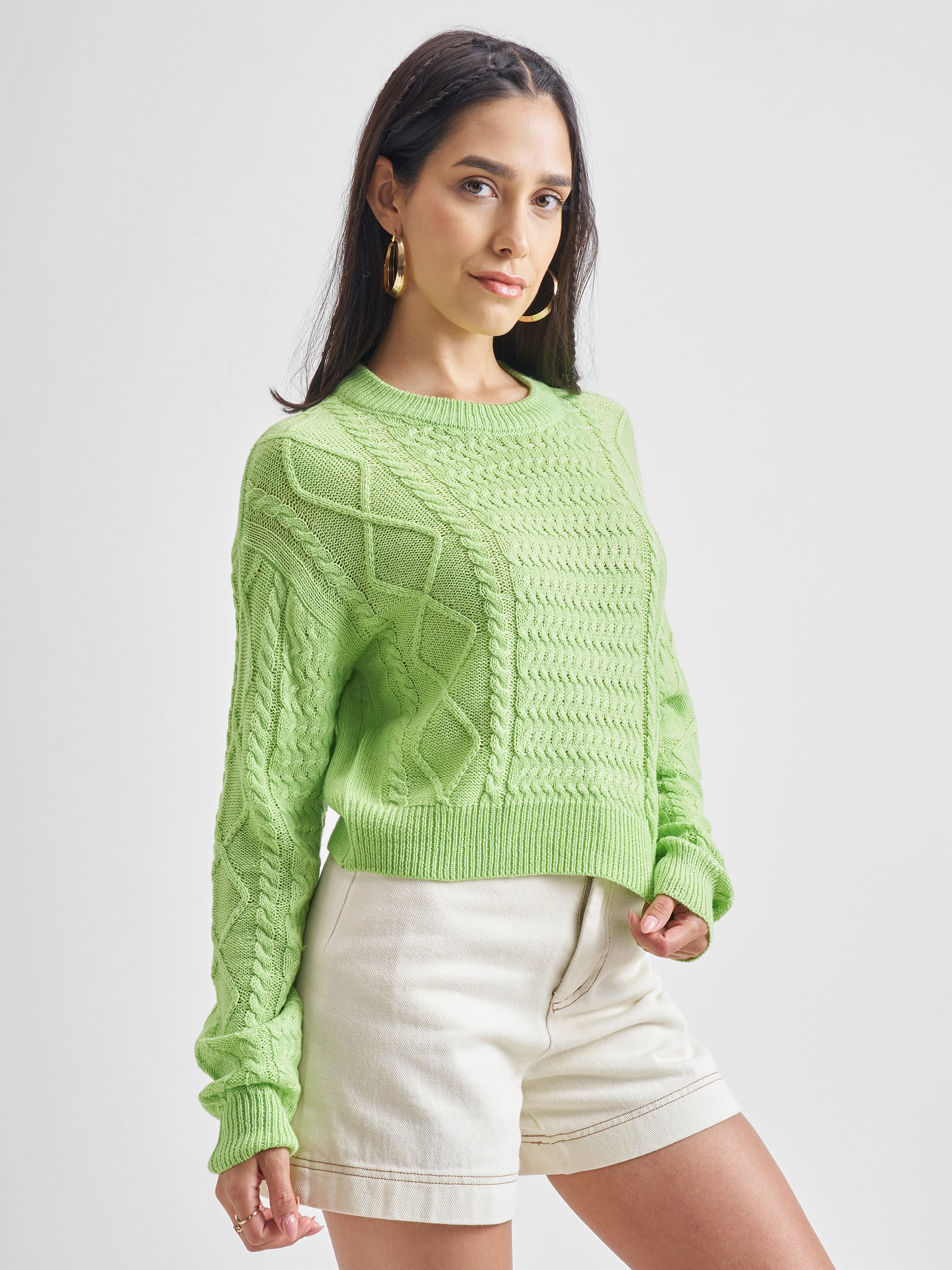 Tokyo Talkies Women Green Round Neck Sweater - Green - Image 6