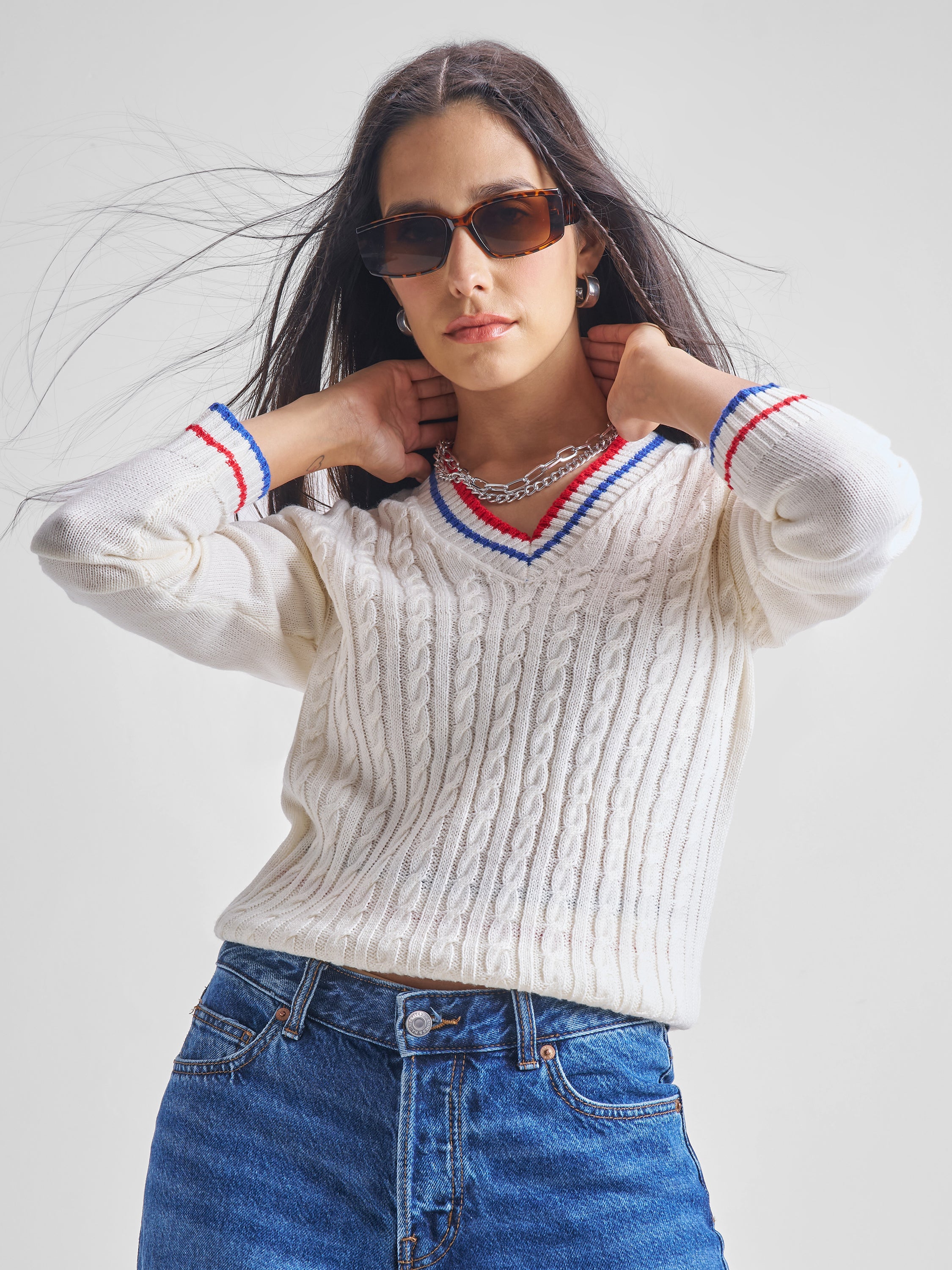Tokyo Talkies Women White V-Neck Sweater - White - Image 1