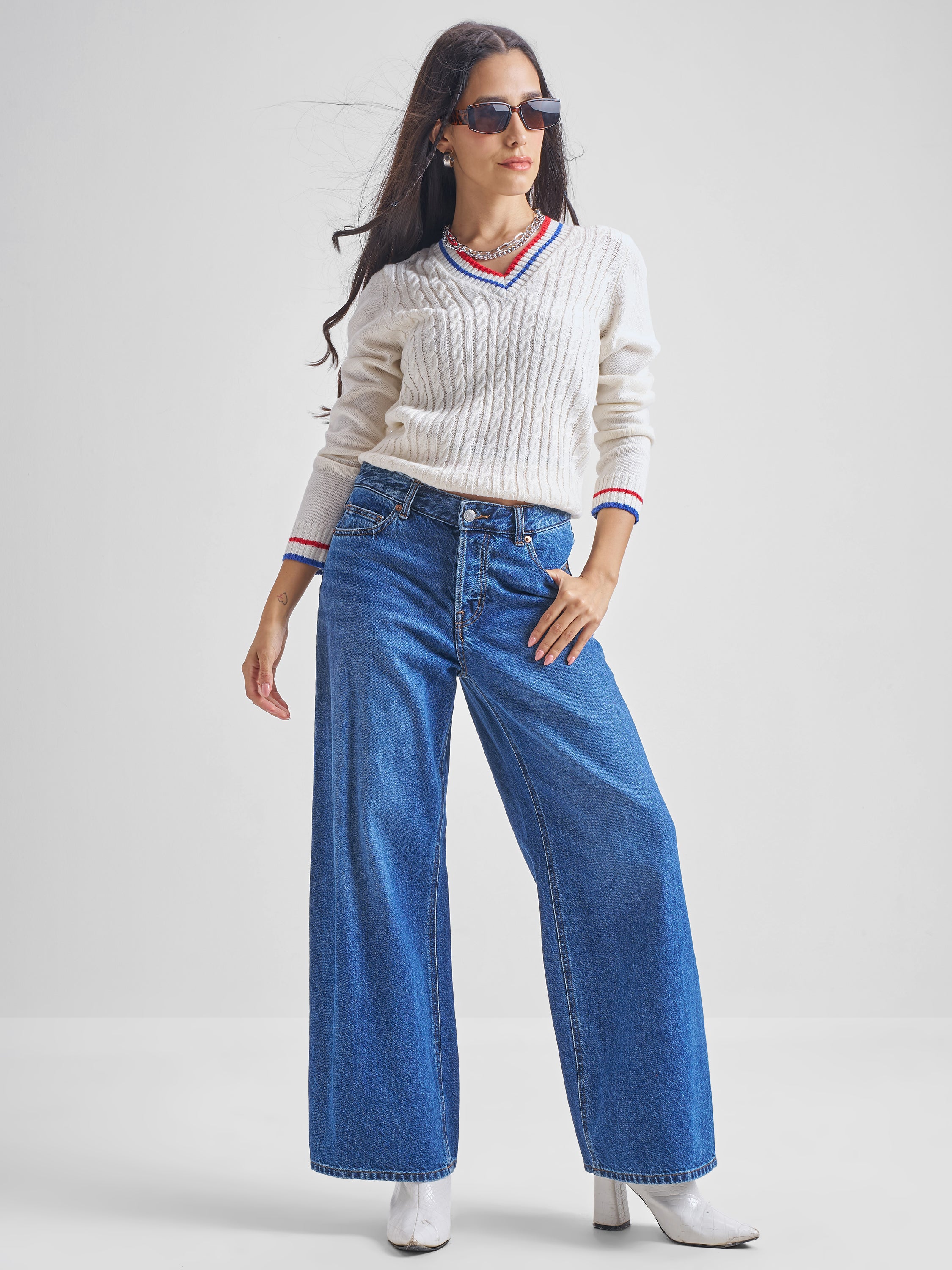 Tokyo Talkies Women White V-Neck Sweater - White - Image 2