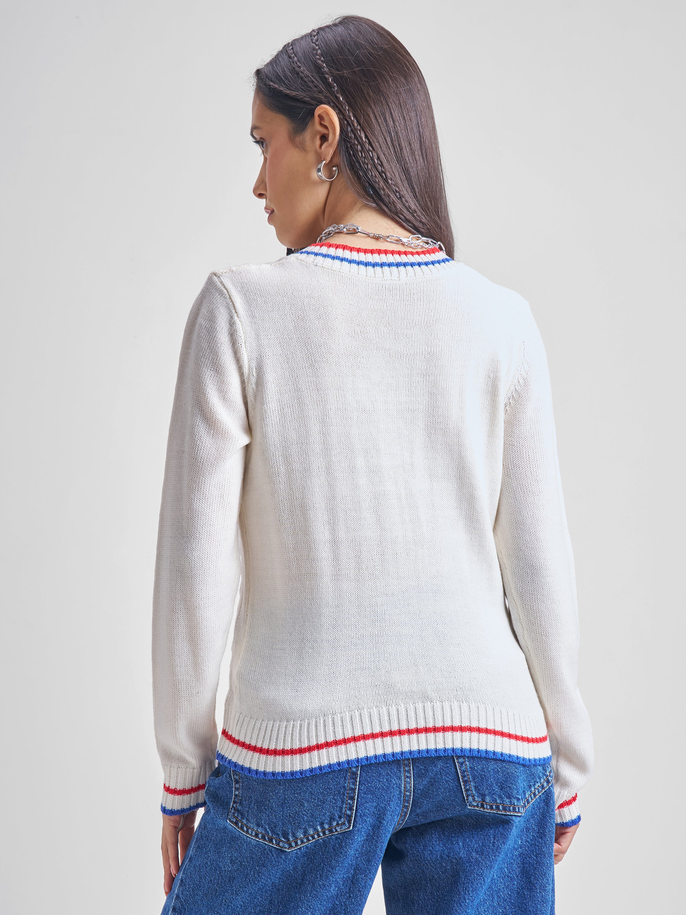 Tokyo Talkies Women White V-Neck Sweater - White - Image 3