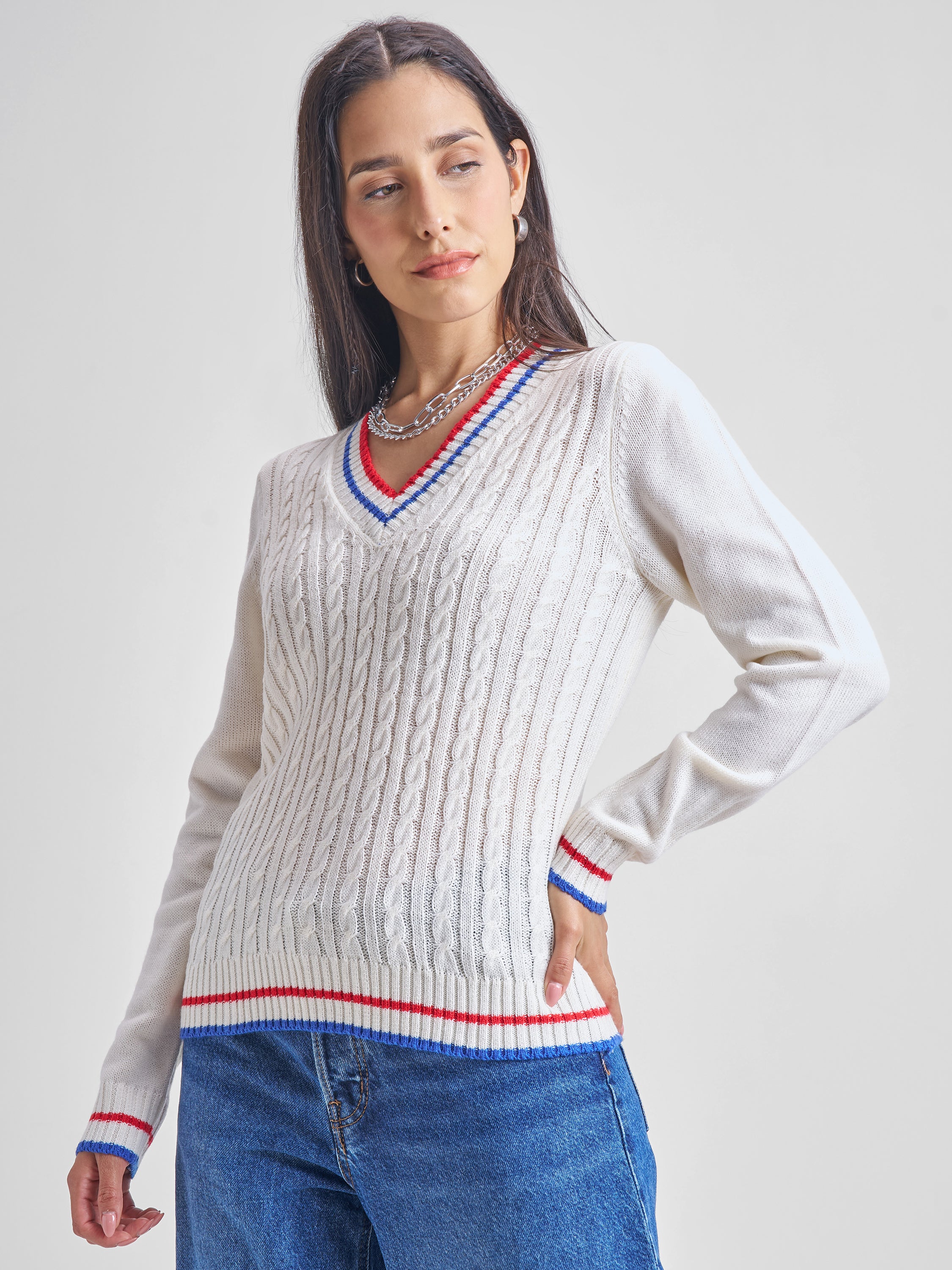 Tokyo Talkies Women White V-Neck Sweater - White - Image 4