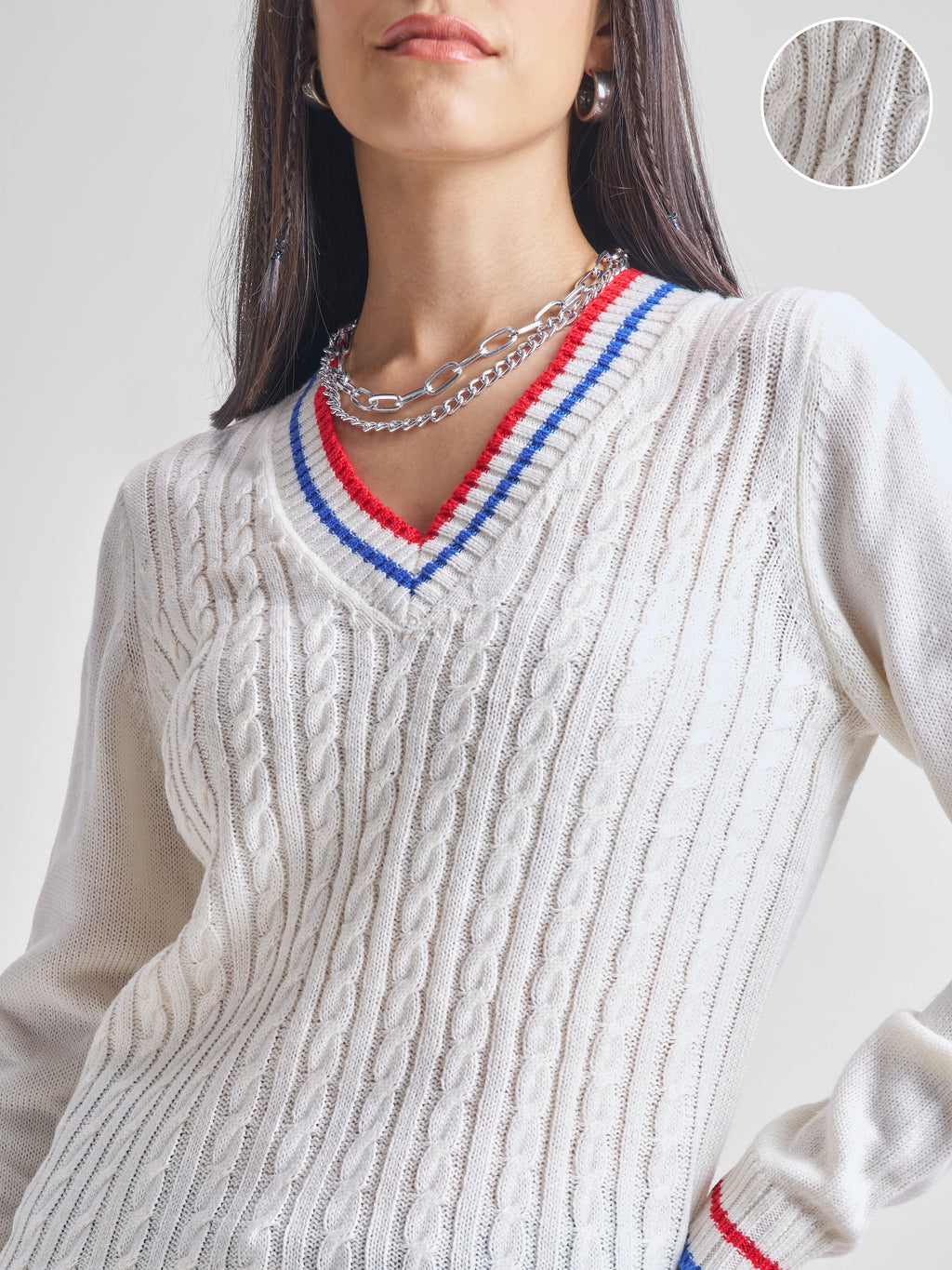 Tokyo Talkies Women White V-Neck Sweater - White - Image 5