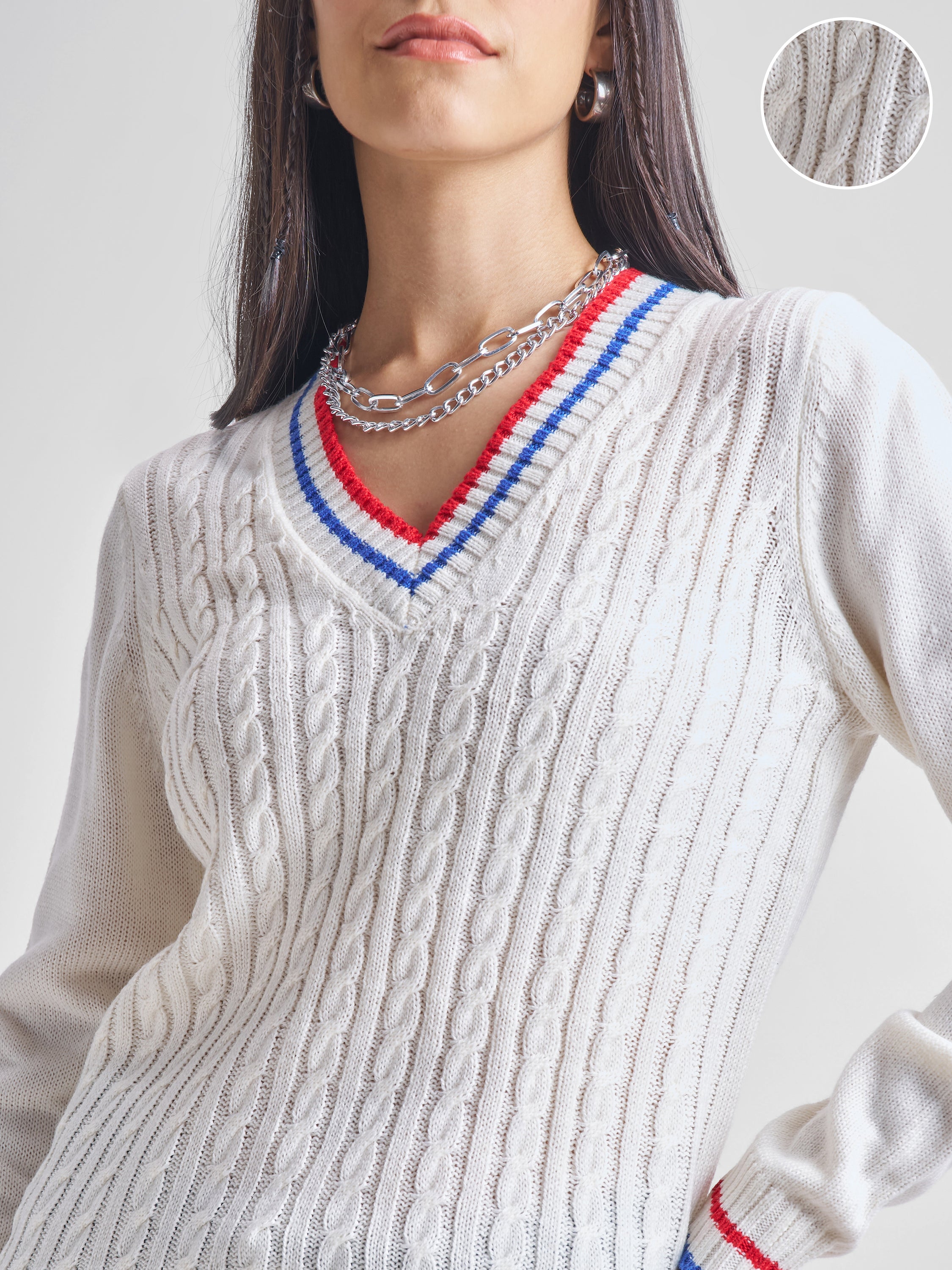 Tokyo Talkies Women White V-Neck Sweater - White - Image 5