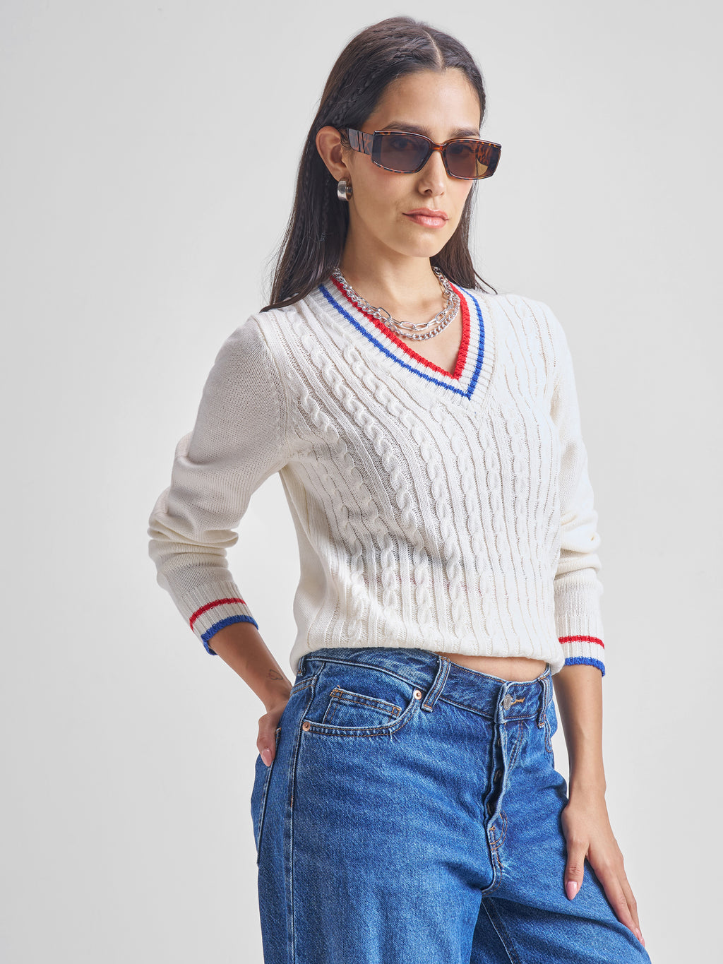 Tokyo Talkies Women White V-Neck Sweater - White - Image 6