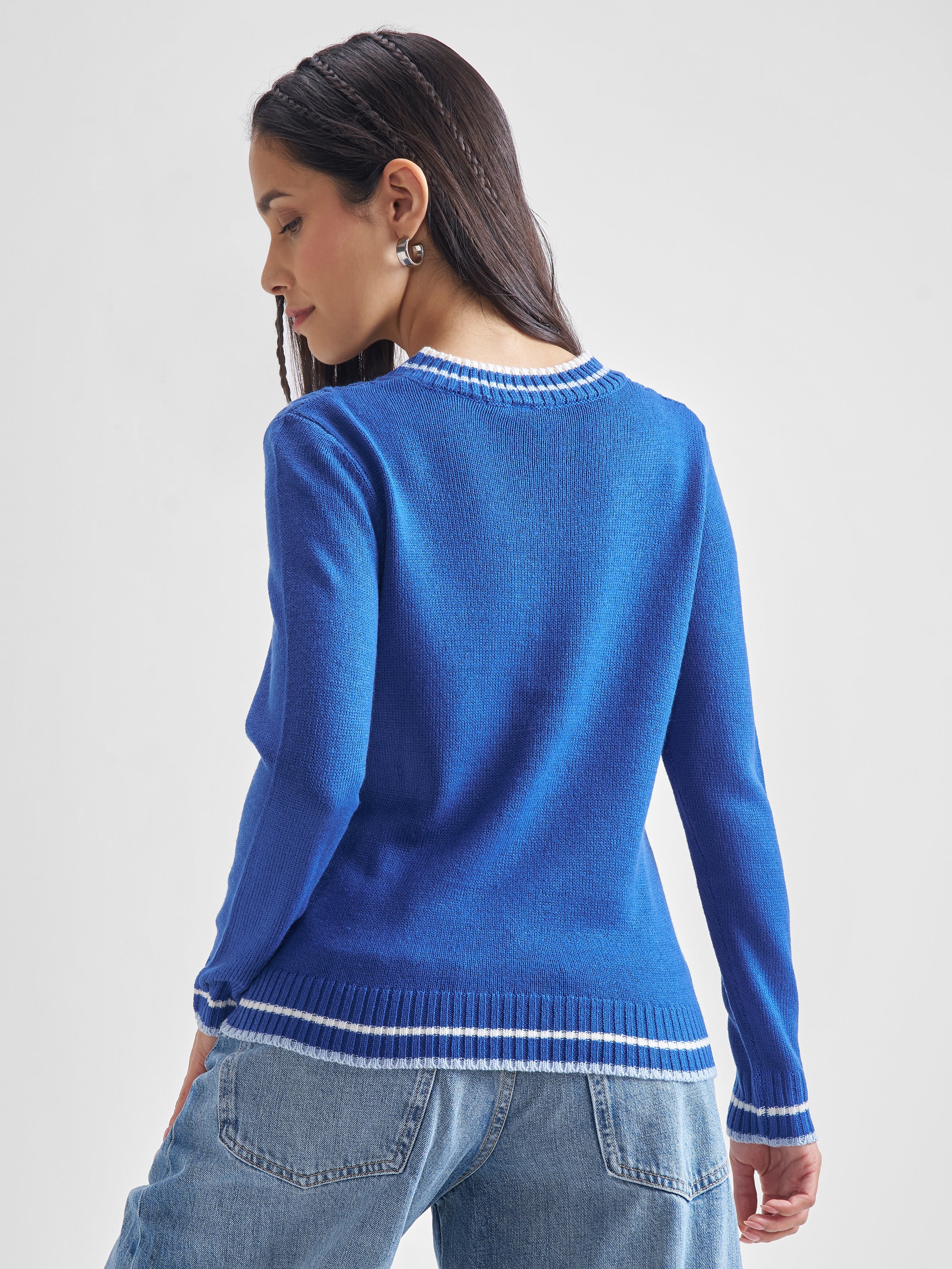 Tokyo Talkies Women Blue V-Neck Sweater - Blue - Image 3
