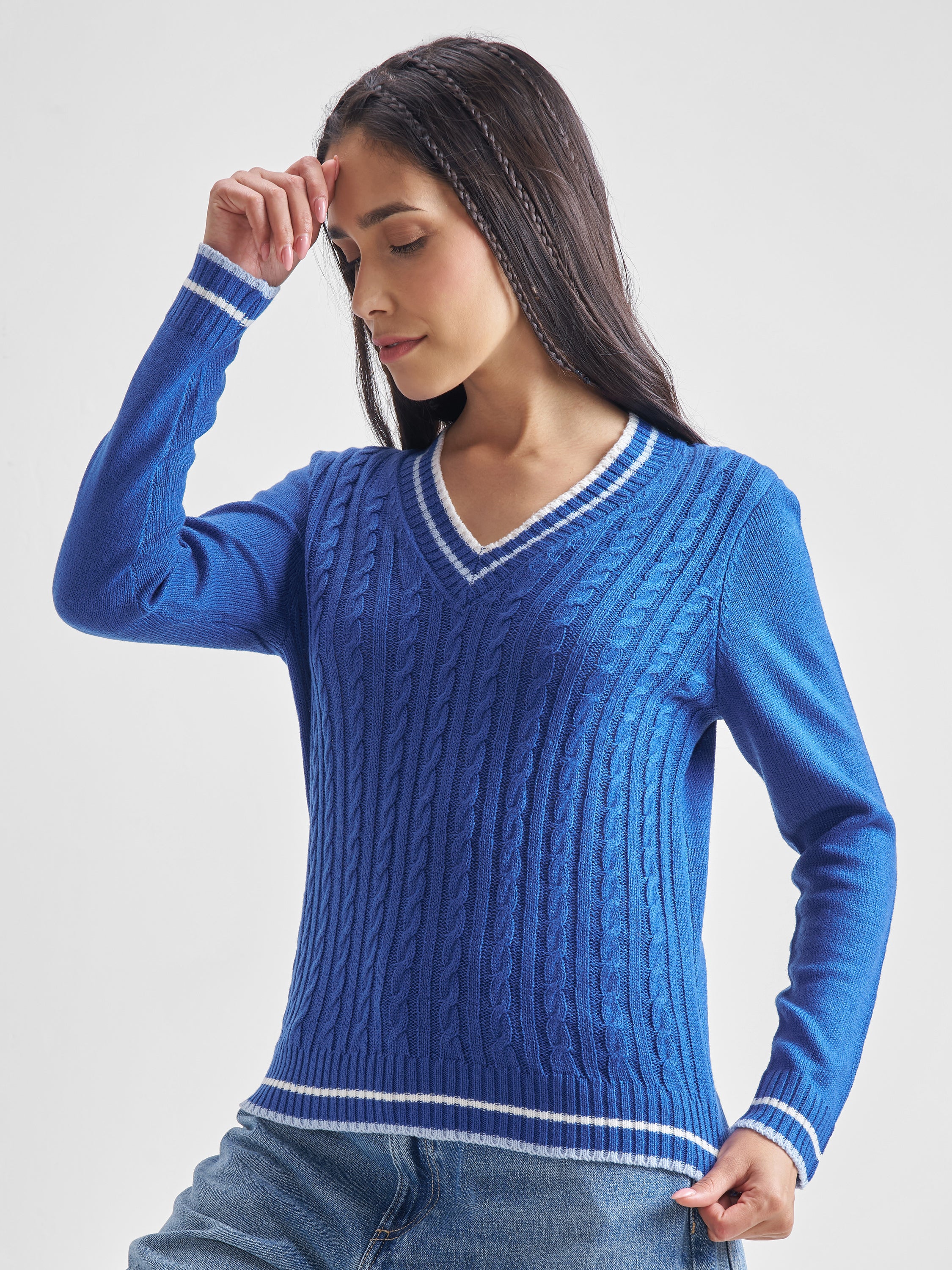 Tokyo Talkies Women Blue V-Neck Sweater - Blue - Image 4