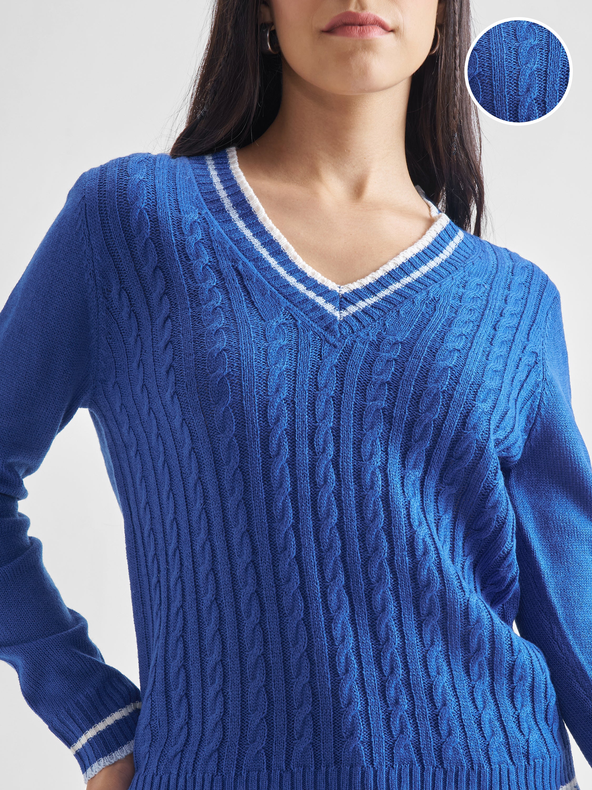 Tokyo Talkies Women Blue V-Neck Sweater - Blue - Image 5