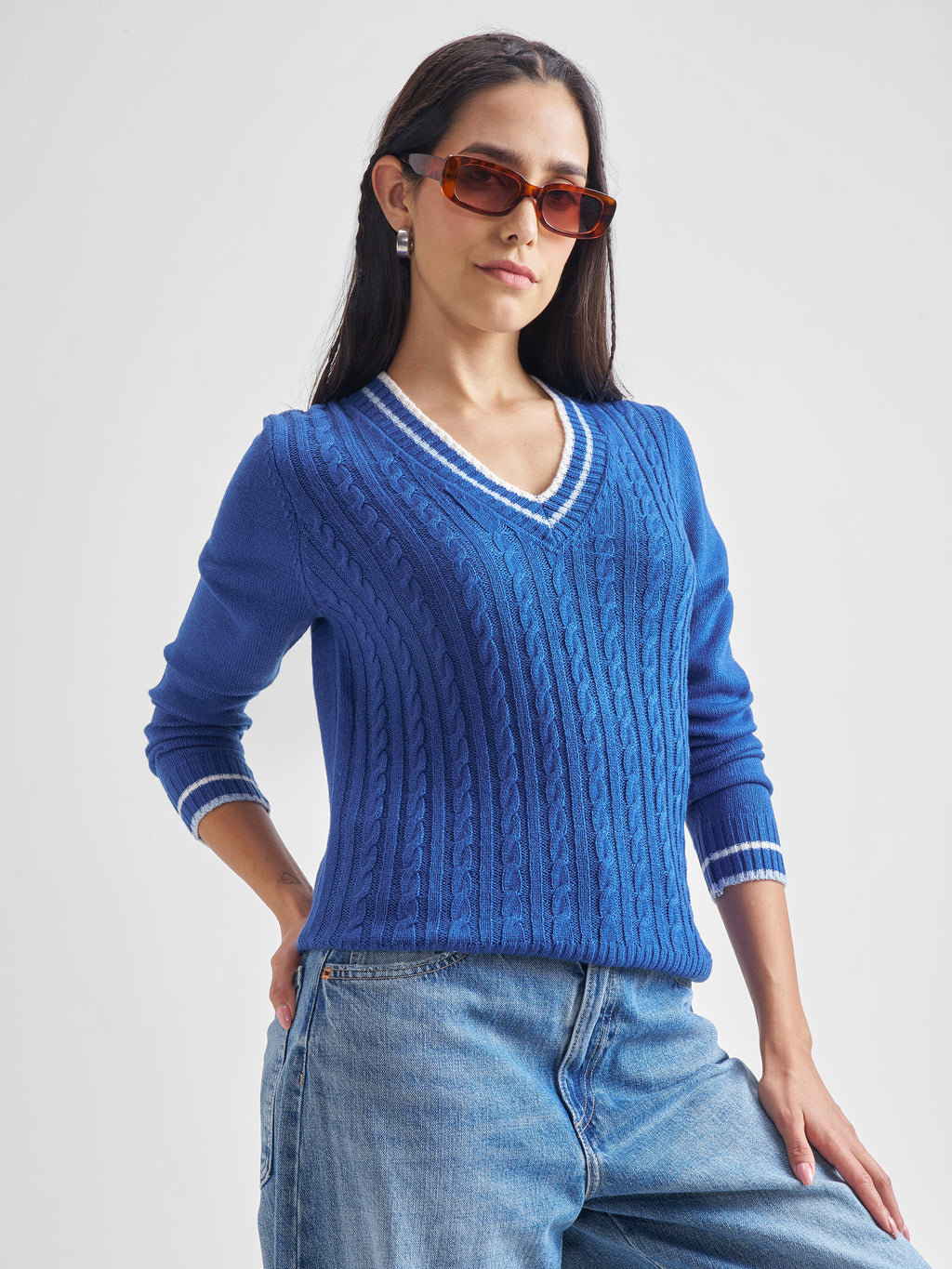 Tokyo Talkies Women Blue V-Neck Sweater - Blue - Image 6