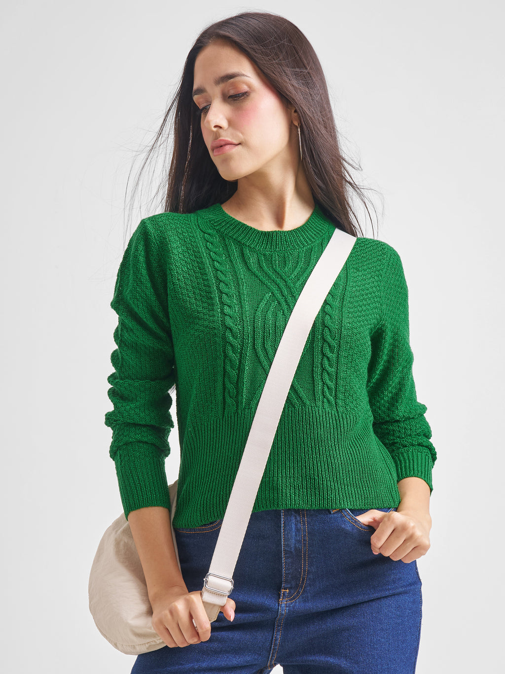 Tokyo Talkies Women Green Round Neck Sweater - Green - Image 1