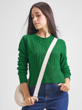 Tokyo Talkies Women Green Round Neck Sweater - Green - Image 1