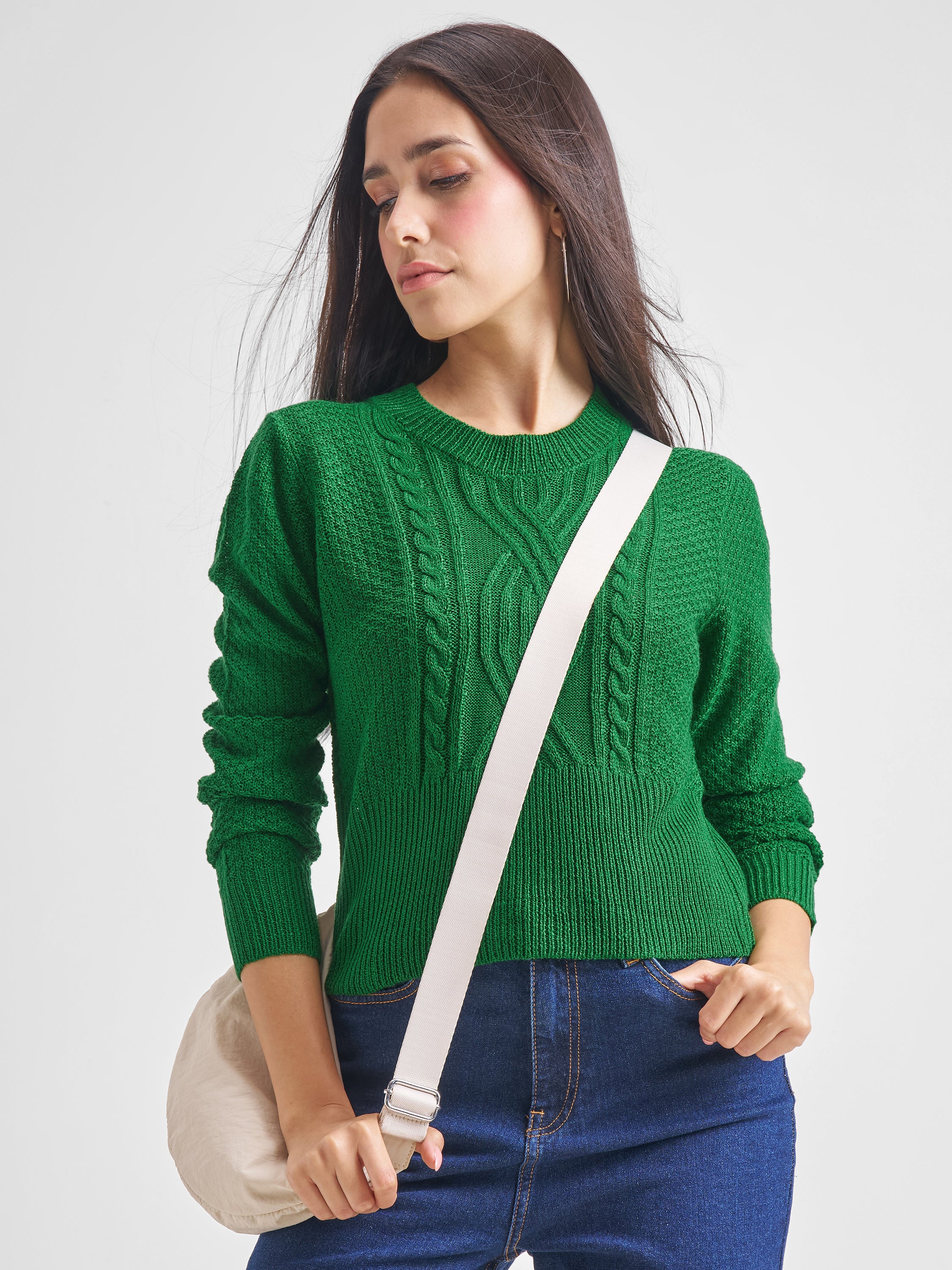 Tokyo Talkies Women Green Round Neck Sweater - Green - Image 1