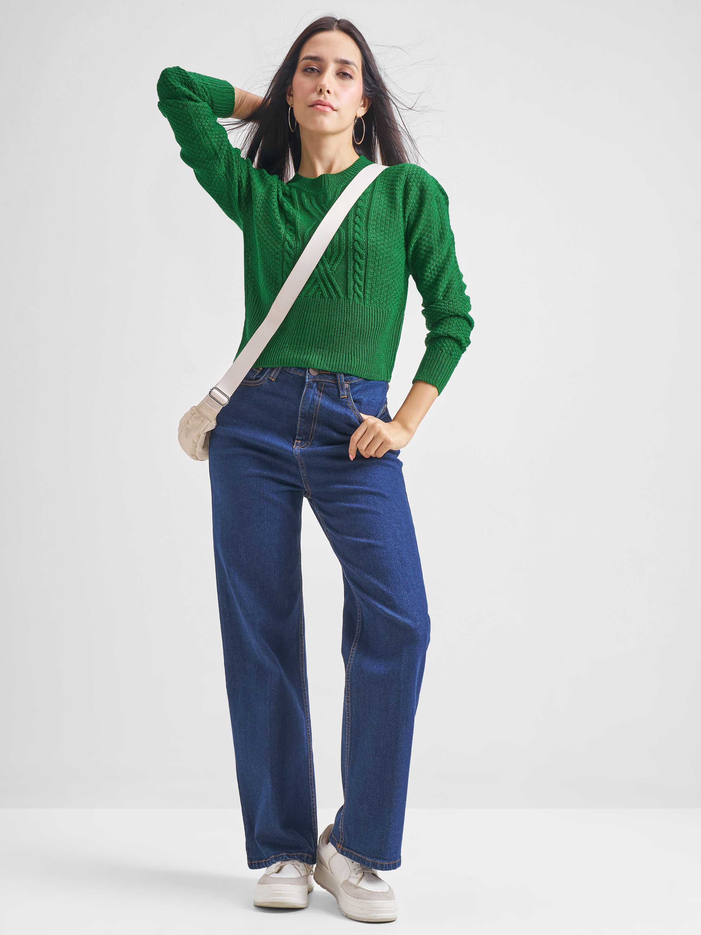 Tokyo Talkies Women Green Round Neck Sweater - Green - Image 2