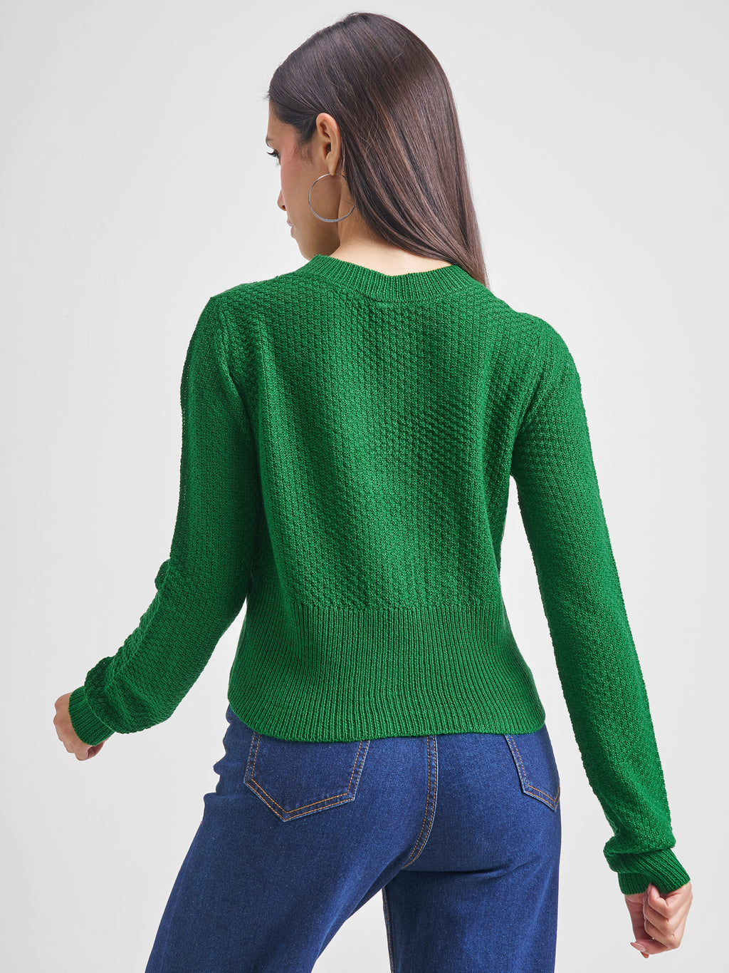 Tokyo Talkies Women Green Round Neck Sweater - Green - Image 3