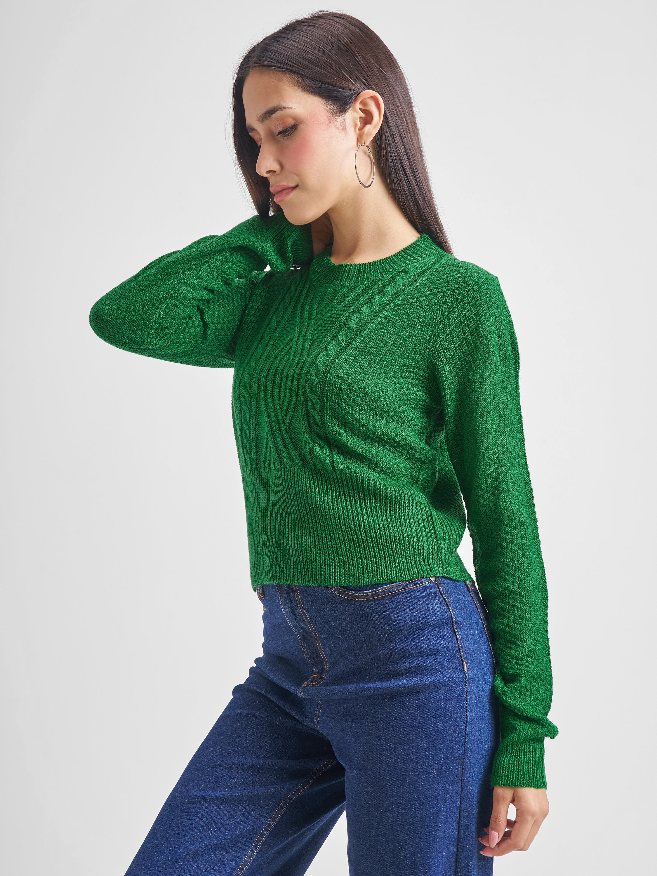 Tokyo Talkies Women Green Round Neck Sweater - Green - Image 4