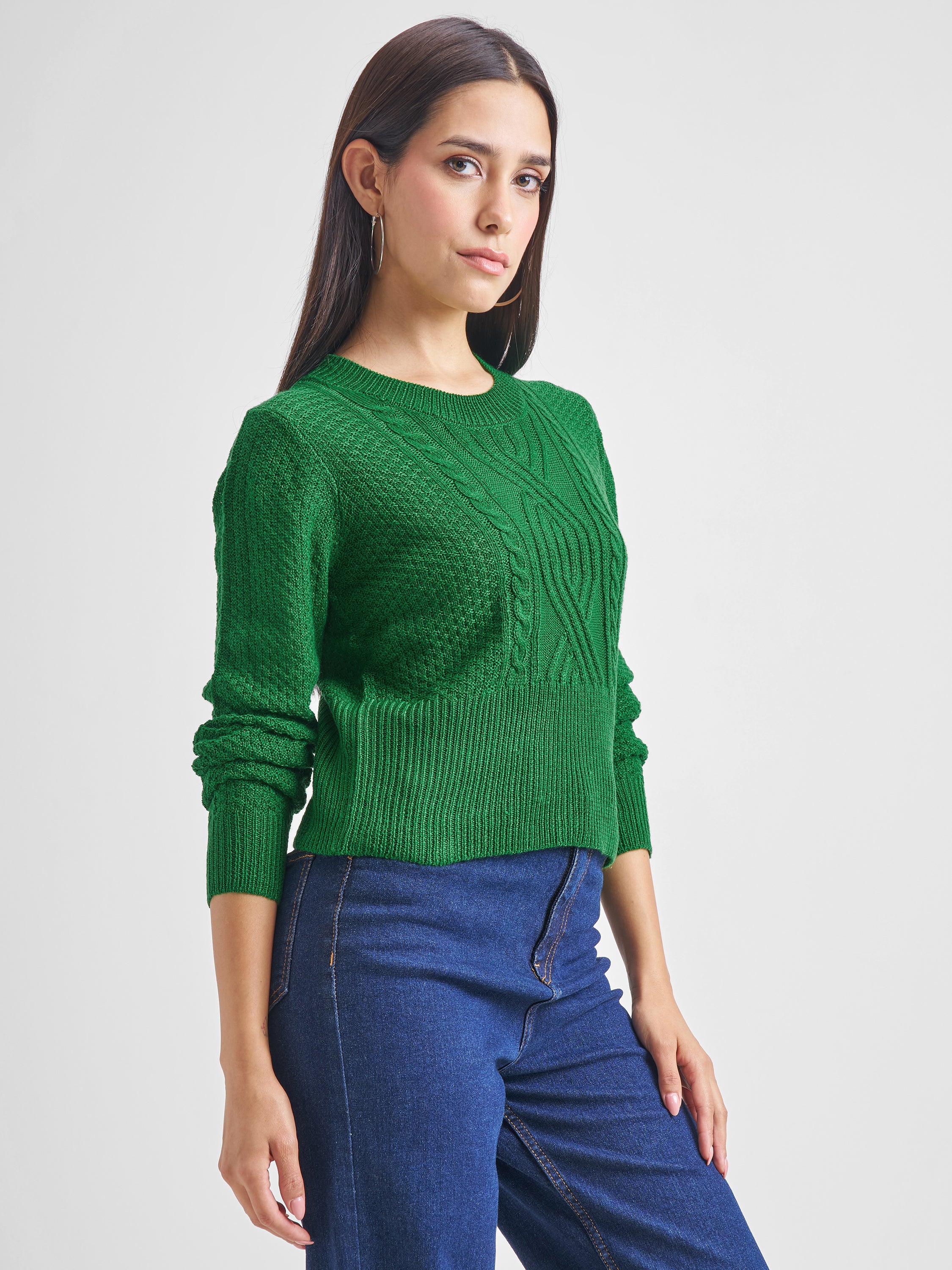 Tokyo Talkies Women Green Round Neck Sweater - Green - Image 6