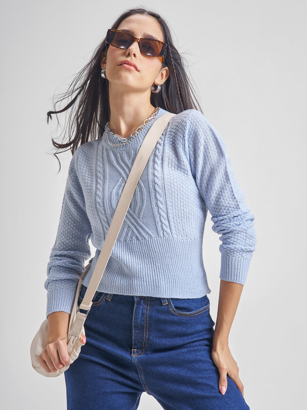 Tokyo Talkies Women Blue Round Neck Sweater - Blue - Image 1