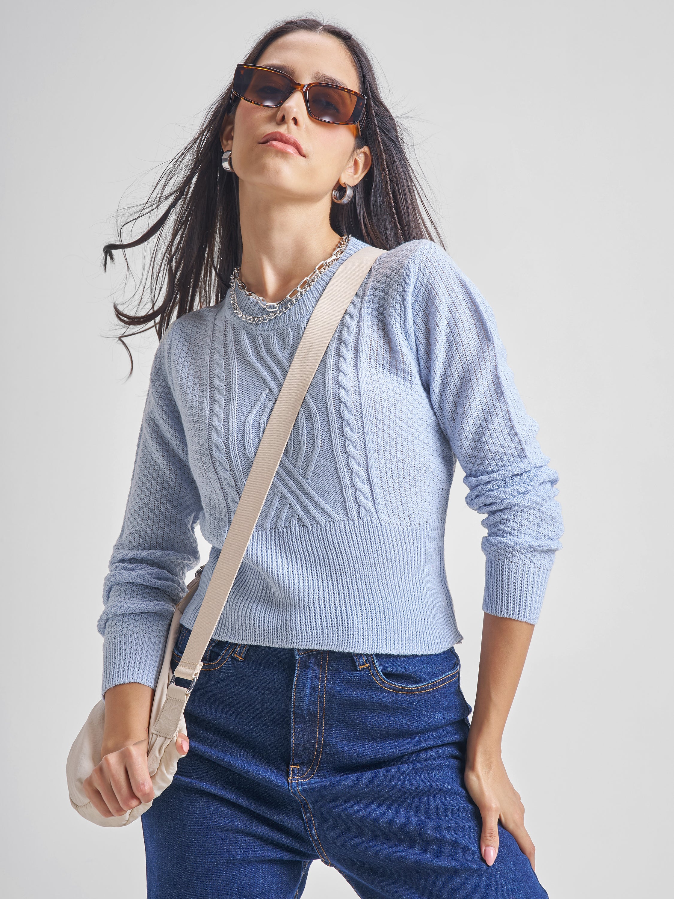 Tokyo Talkies Women Blue Round Neck Sweater - Blue - Image 1