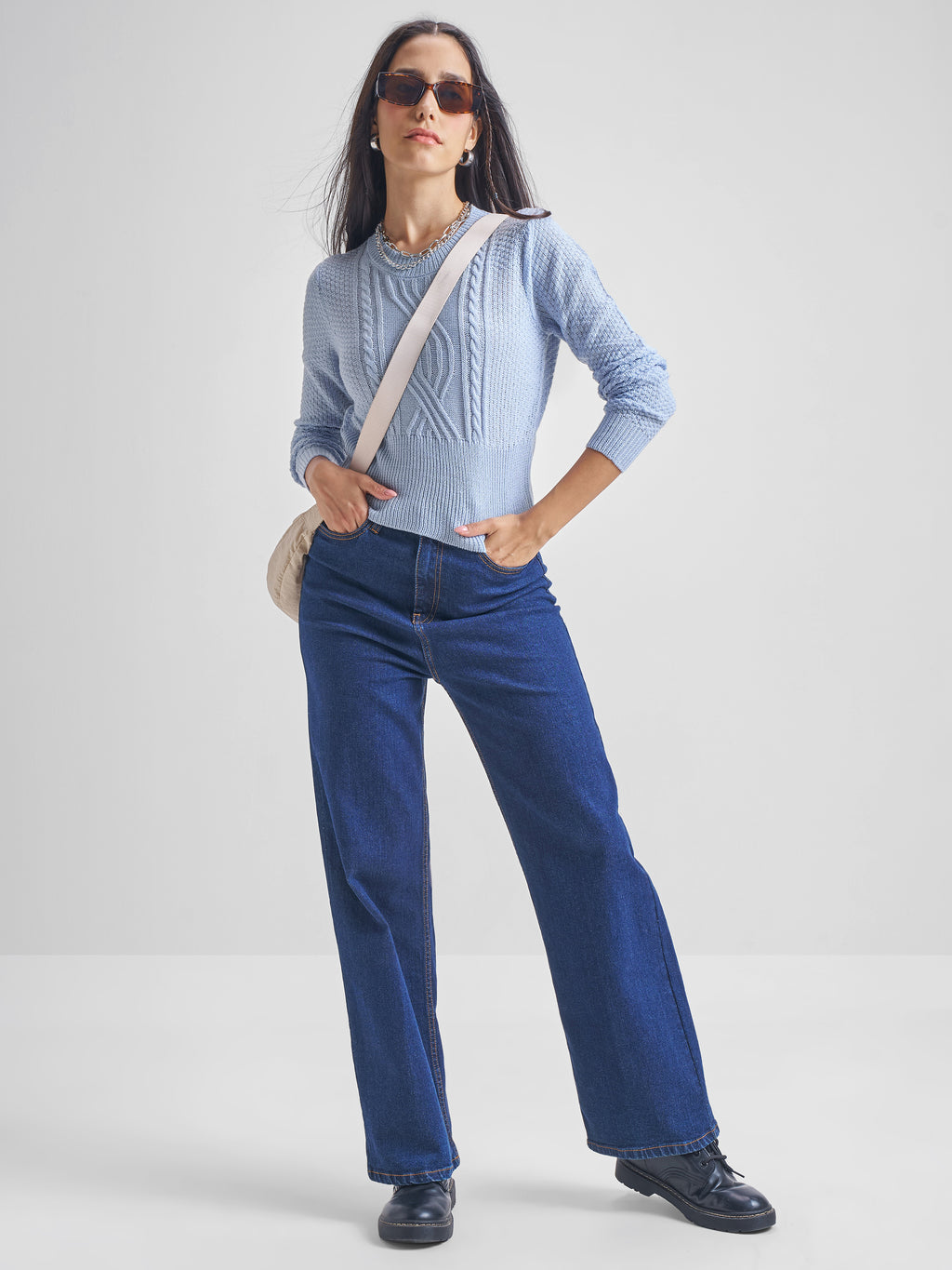 Tokyo Talkies Women Blue Round Neck Sweater - Blue - Image 2