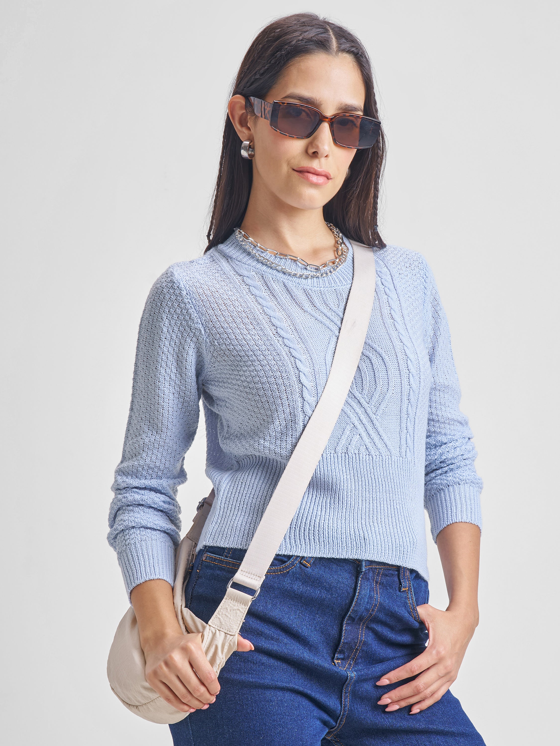 Tokyo Talkies Women Blue Round Neck Sweater - Blue - Image 6