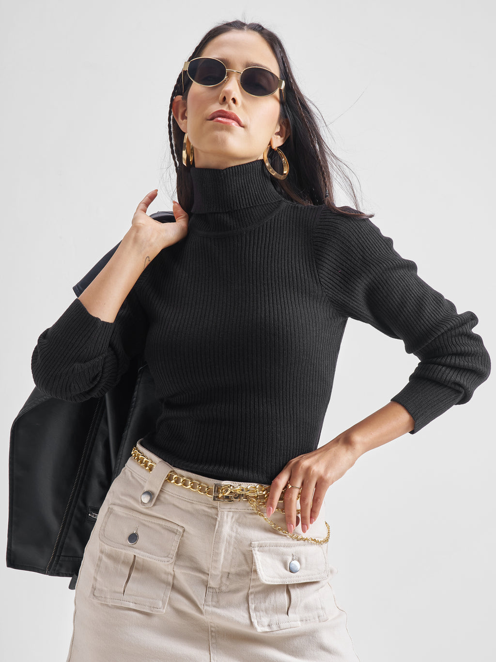 Tokyo Talkies Women Black Turtle Neck Sweater - Black - Image 1