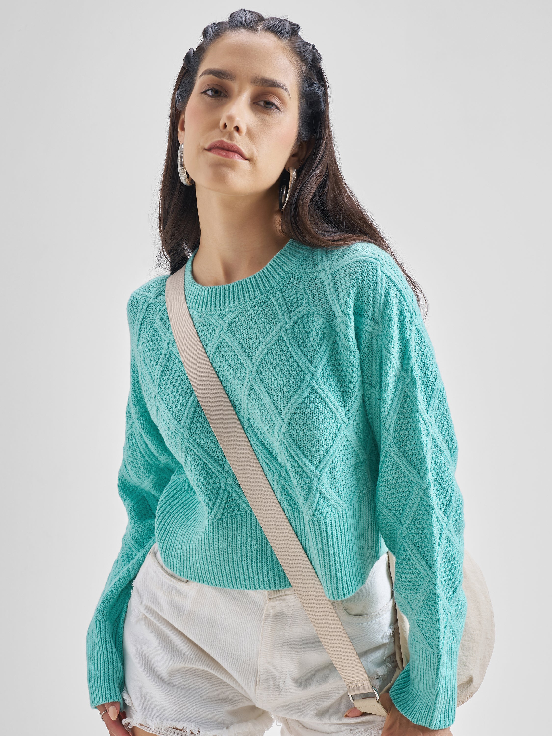 Tokyo Talkies Women Aqua Round Neck Sweater - Blue - Image 1