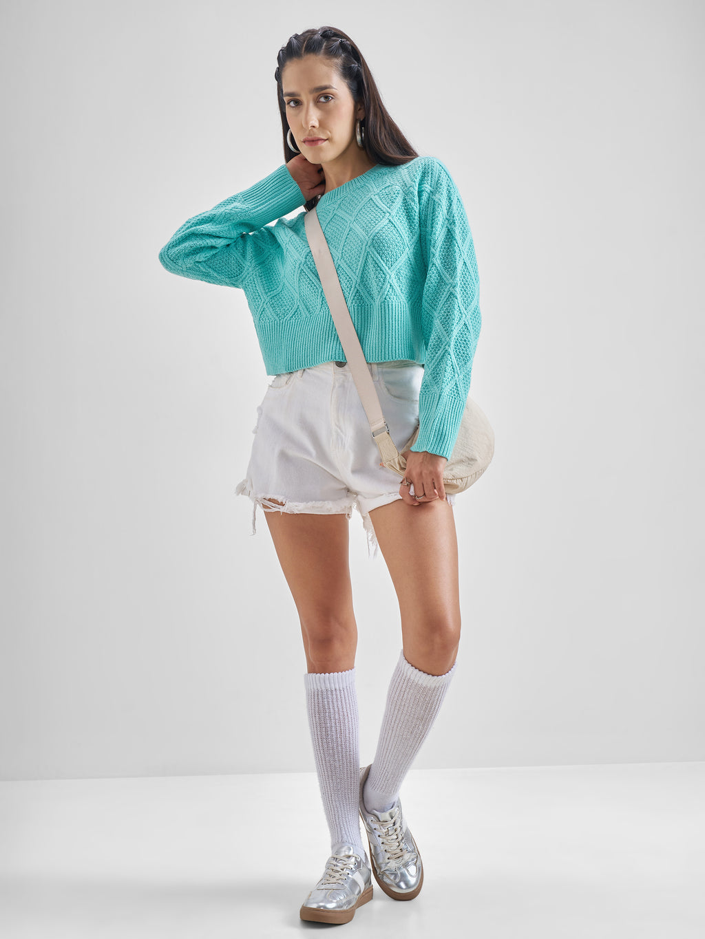 Tokyo Talkies Women Aqua Round Neck Sweater - Blue - Image 2