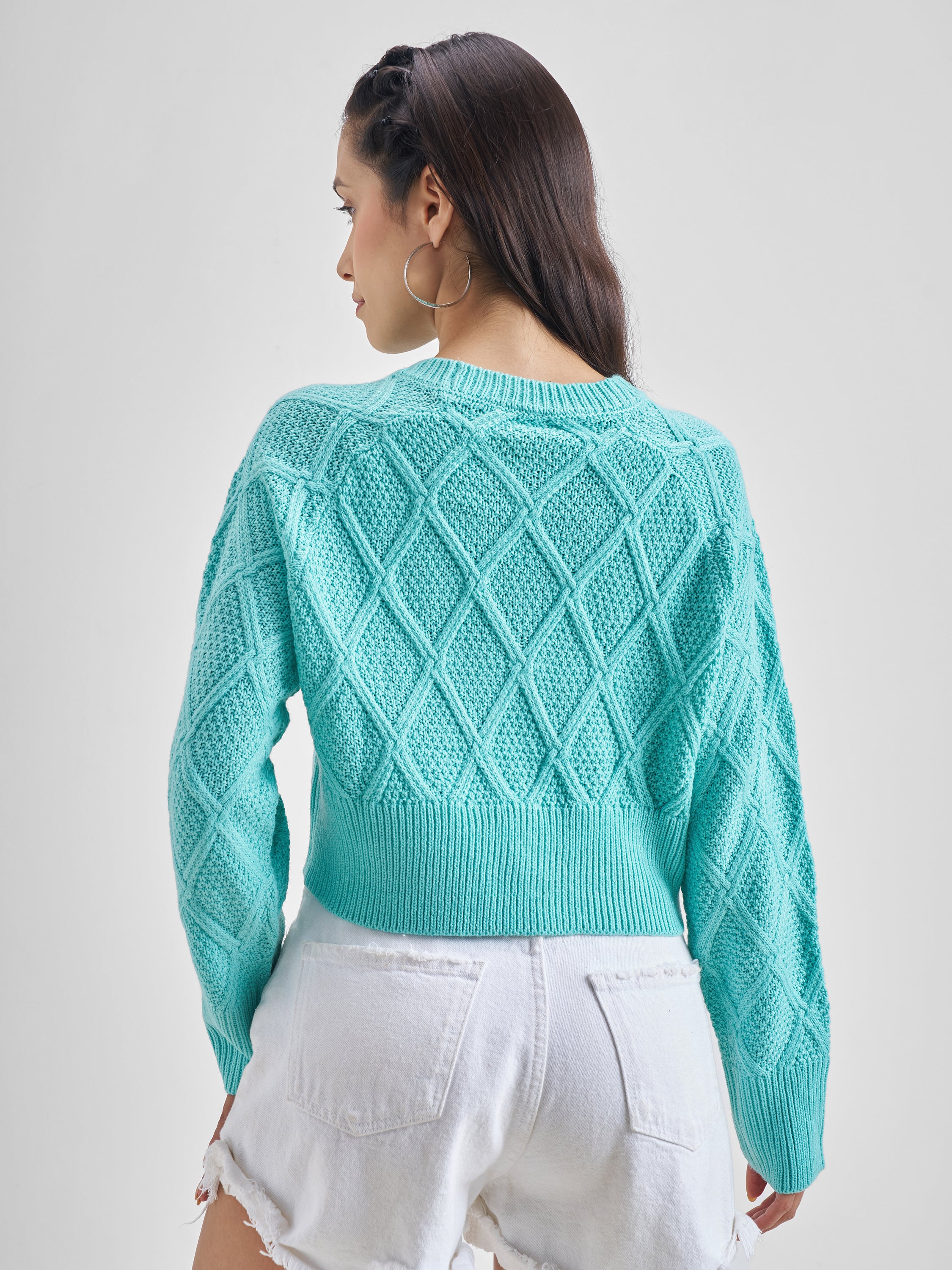 Tokyo Talkies Women Aqua Round Neck Sweater - Blue - Image 3