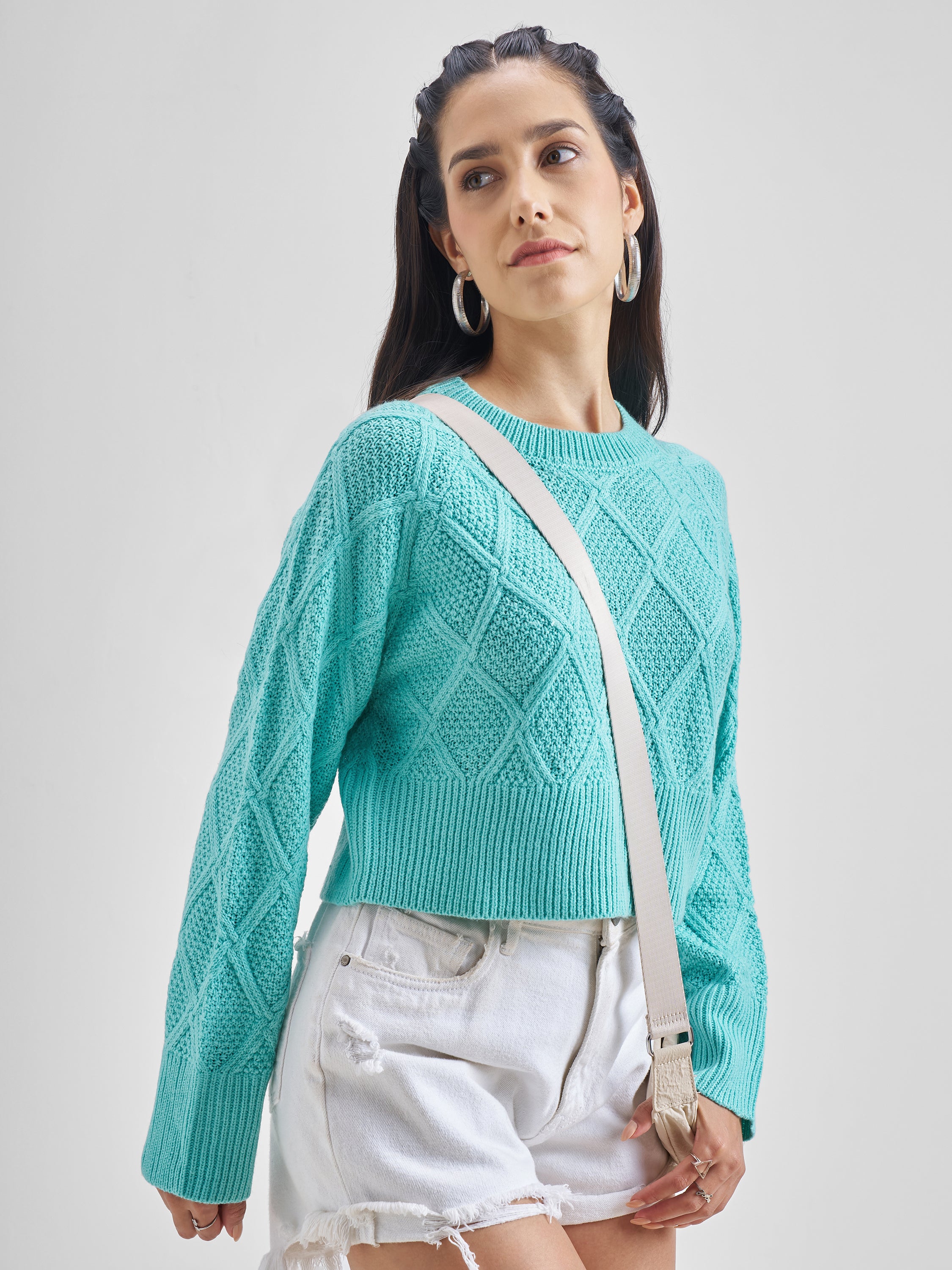 Tokyo Talkies Women Aqua Round Neck Sweater - Blue - Image 6