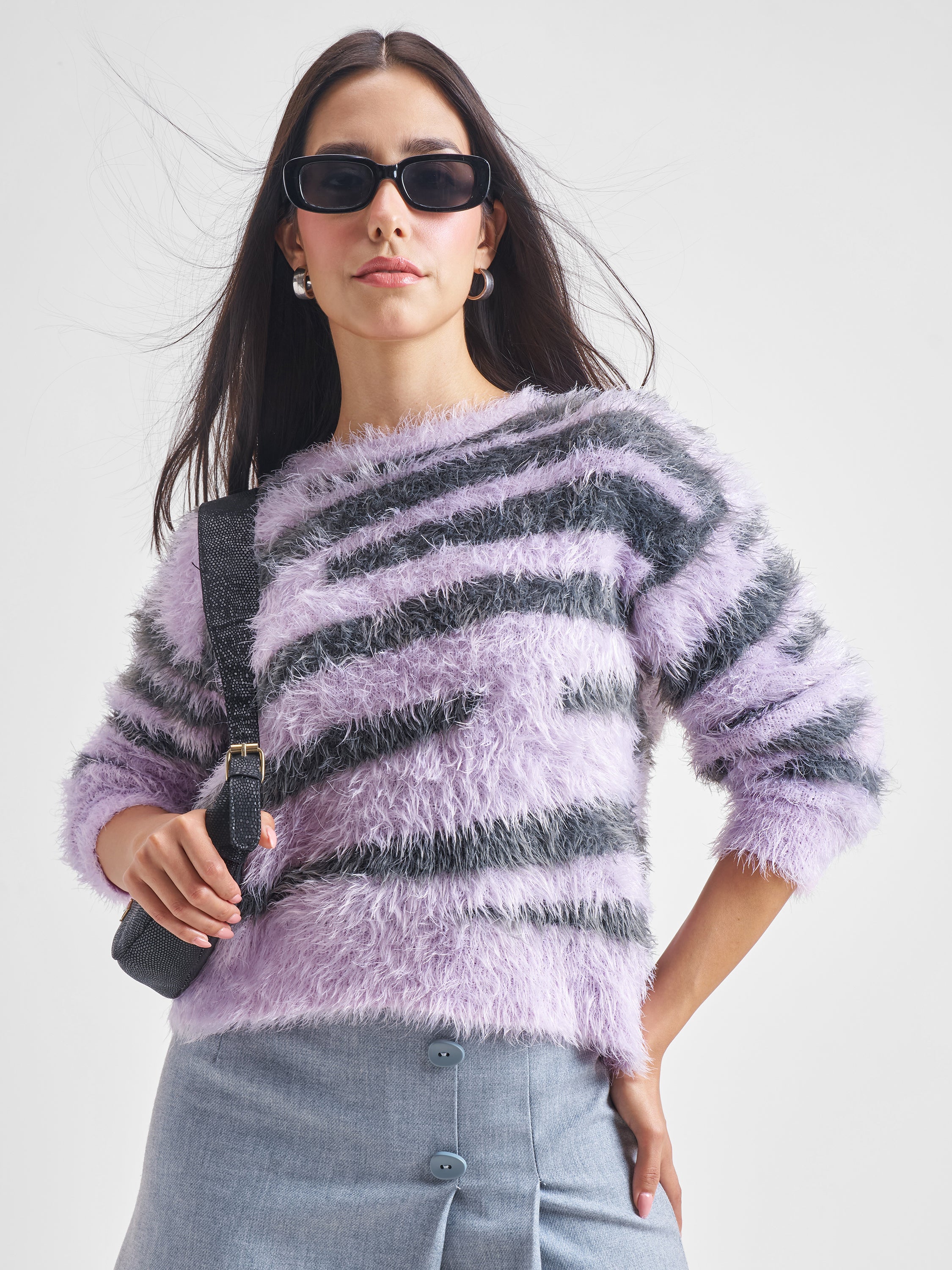Tokyo Talkies Women Purple Round Neck Sweater - Purple - Image 1