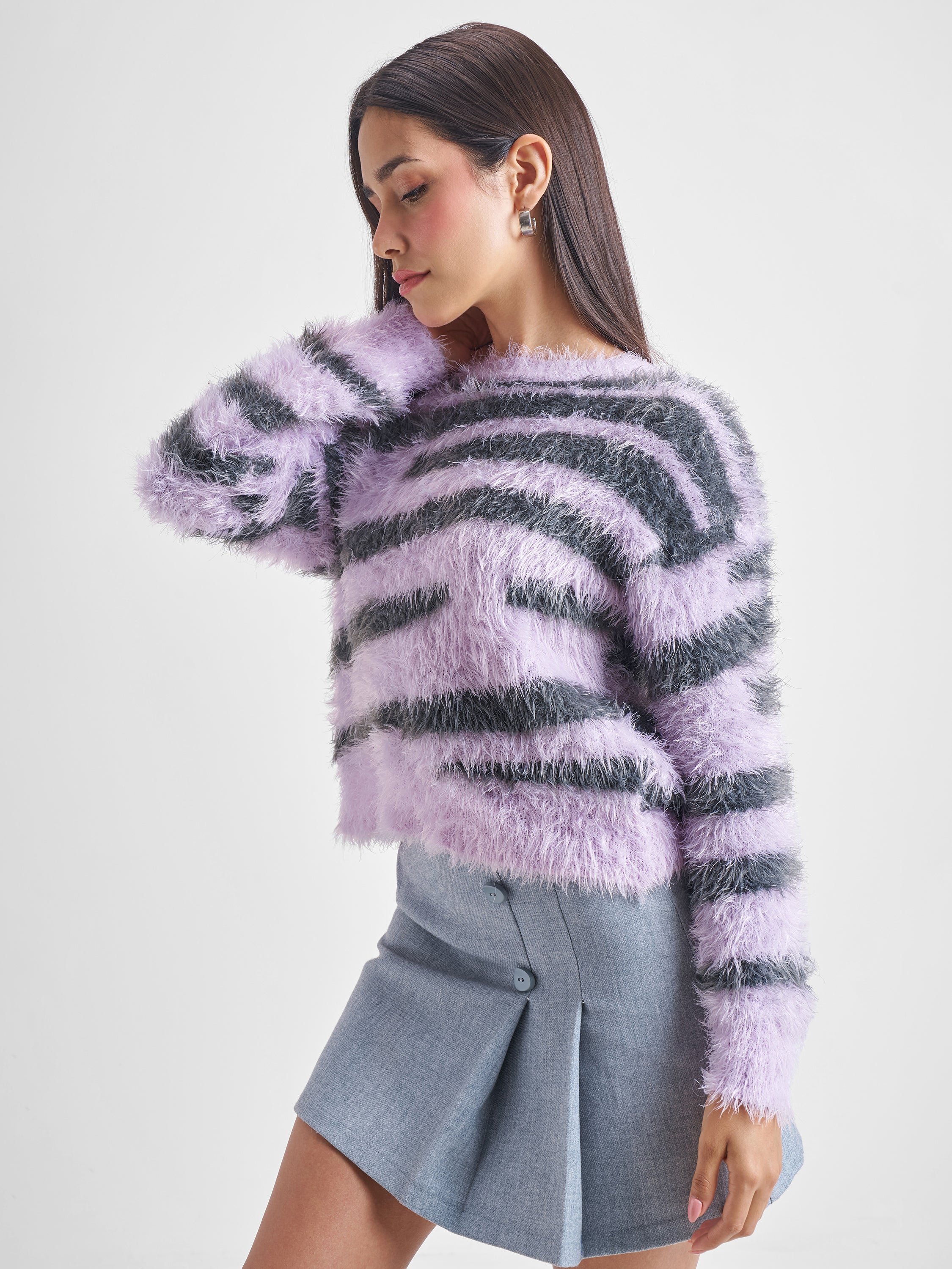 Tokyo Talkies Women Purple Round Neck Sweater - Purple - Image 4