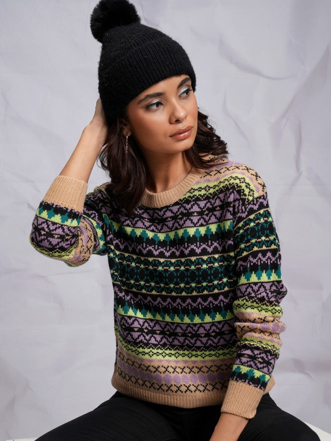 Tokyo Talkies Women Multi Round Neck Sweater - Multi - Image 1