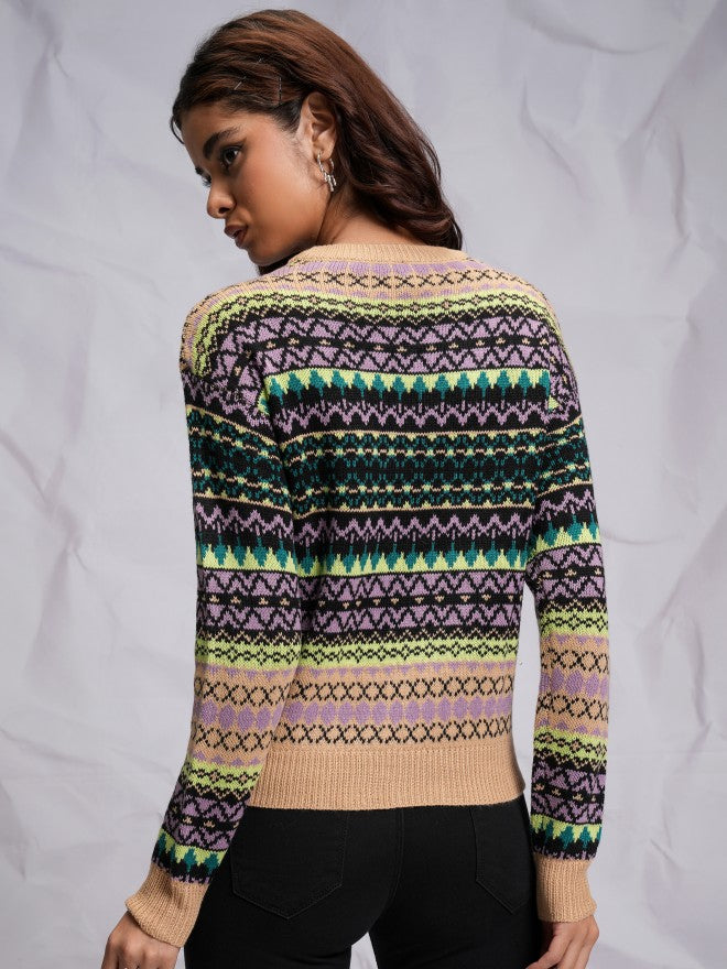 Tokyo Talkies Women Multi Round Neck Sweater - Multi - Image 3