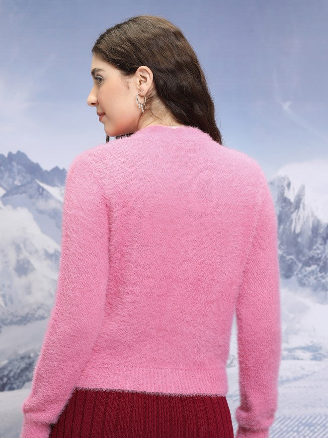 Tokyo Talkies Women Pink Round Neck Sweater - Pink - Image 3