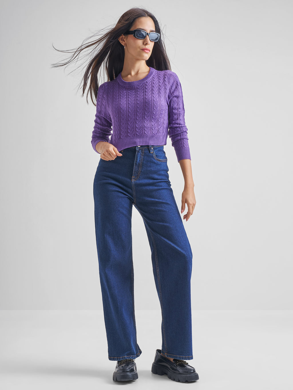 Tokyo Talkies Women Purple Turtle Neck Cable Knit Sweater - Purple - Image 2