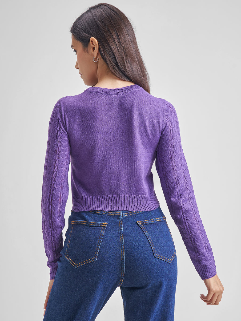 Tokyo Talkies Women Purple Turtle Neck Cable Knit Sweater - Purple - Image 3