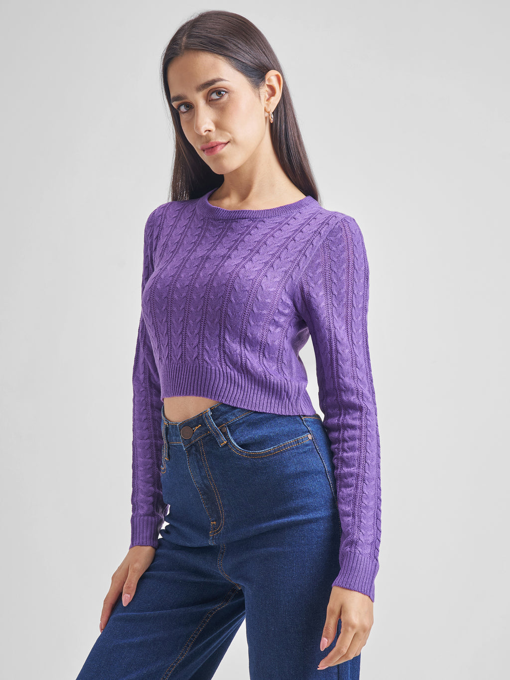Tokyo Talkies Women Purple Turtle Neck Cable Knit Sweater - Purple - Image 4