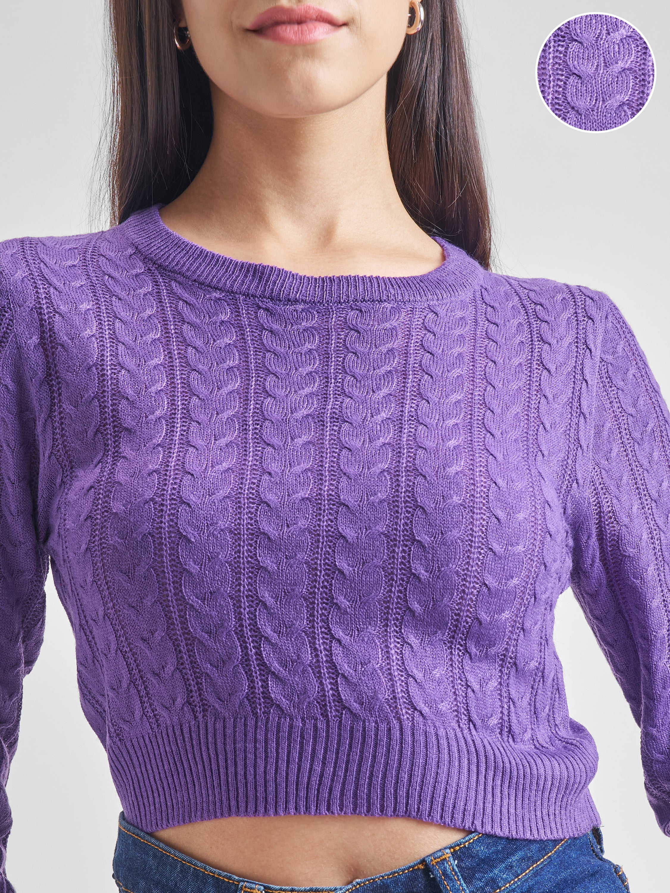 Tokyo Talkies Women Purple Turtle Neck Cable Knit Sweater - Purple - Image 5
