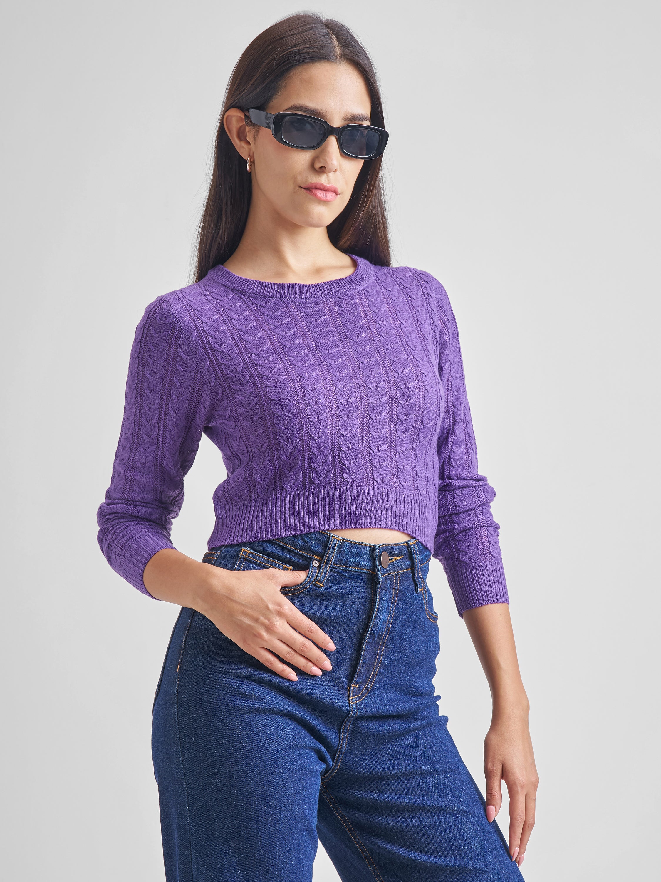 Tokyo Talkies Women Purple Turtle Neck Cable Knit Sweater - Purple - Image 6