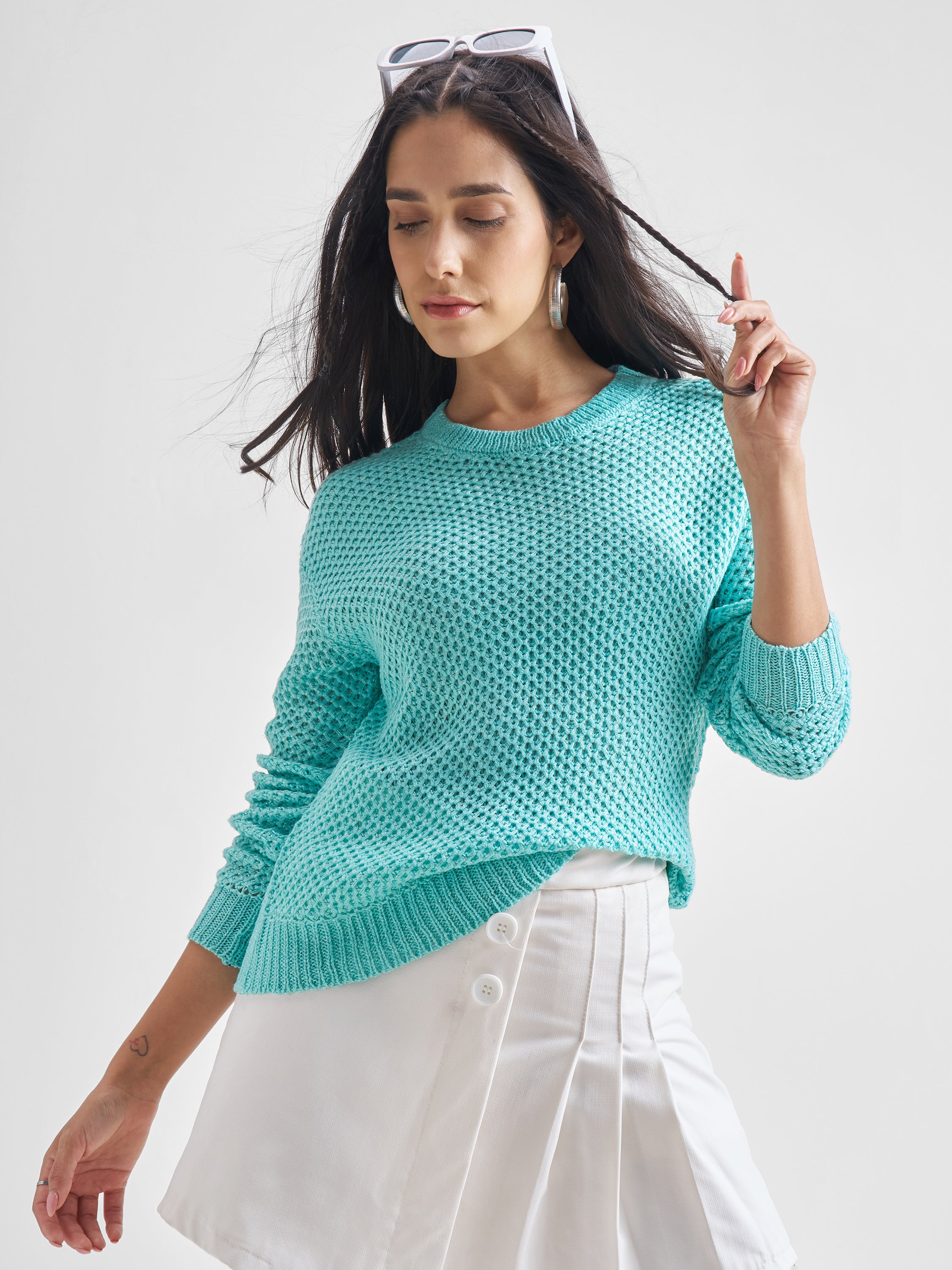 Tokyo Talkies Women Aqua Round Neck Sweater - Green - Image 1