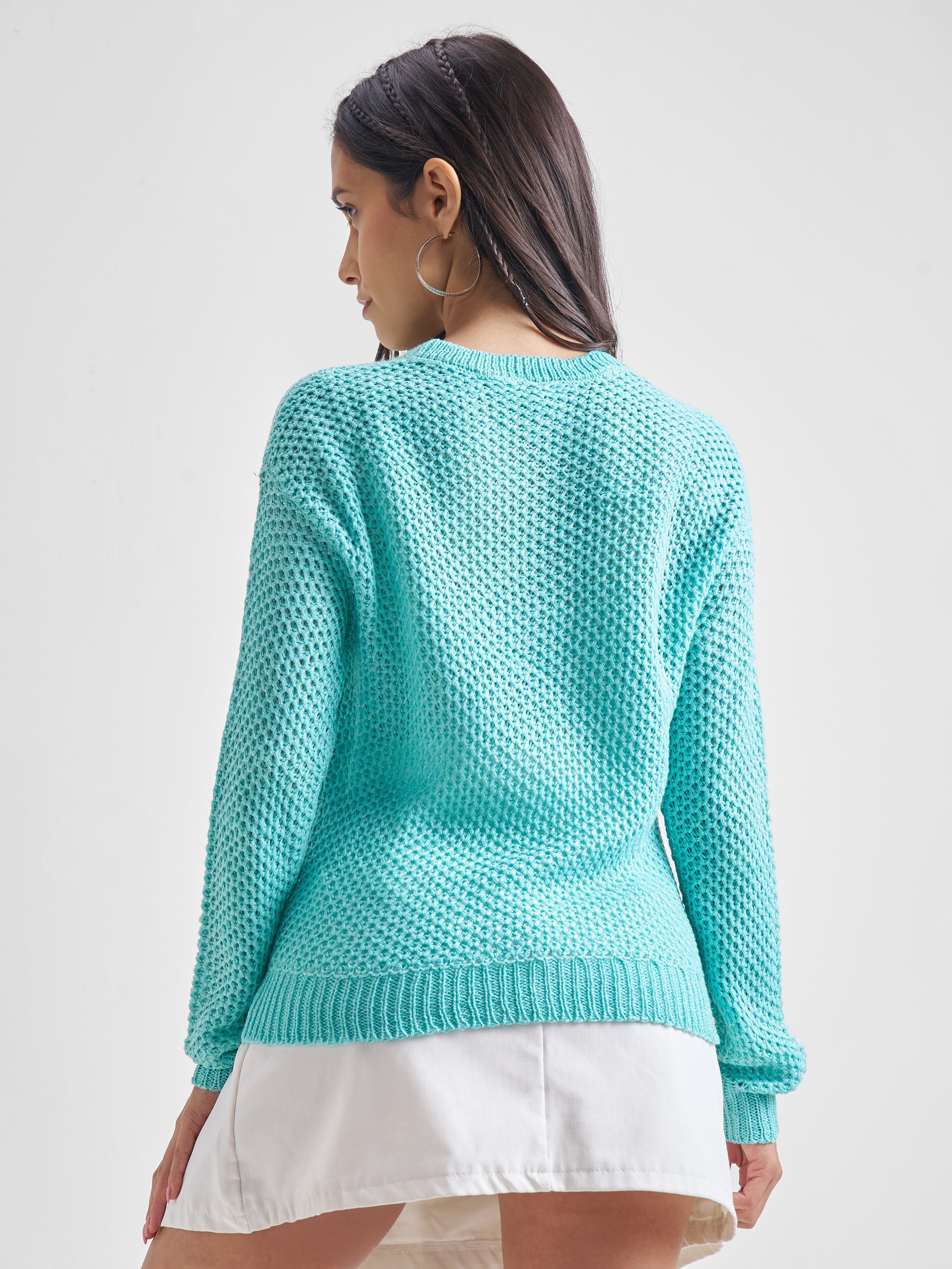 Tokyo Talkies Women Aqua Round Neck Sweater - Green - Image 3