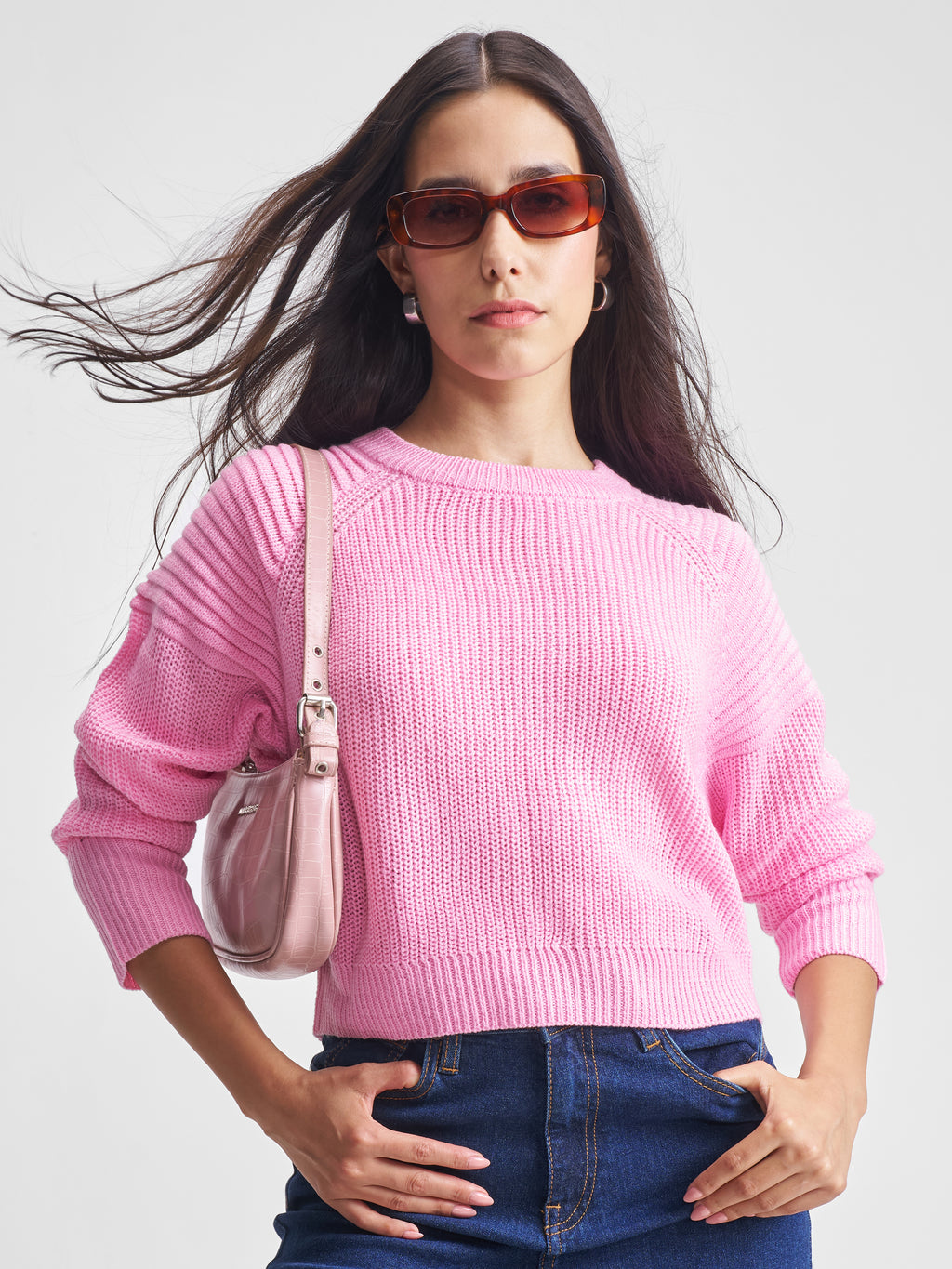 Tokyo Talkies Women Pink Round Neck Sweater - Pink - Image 1