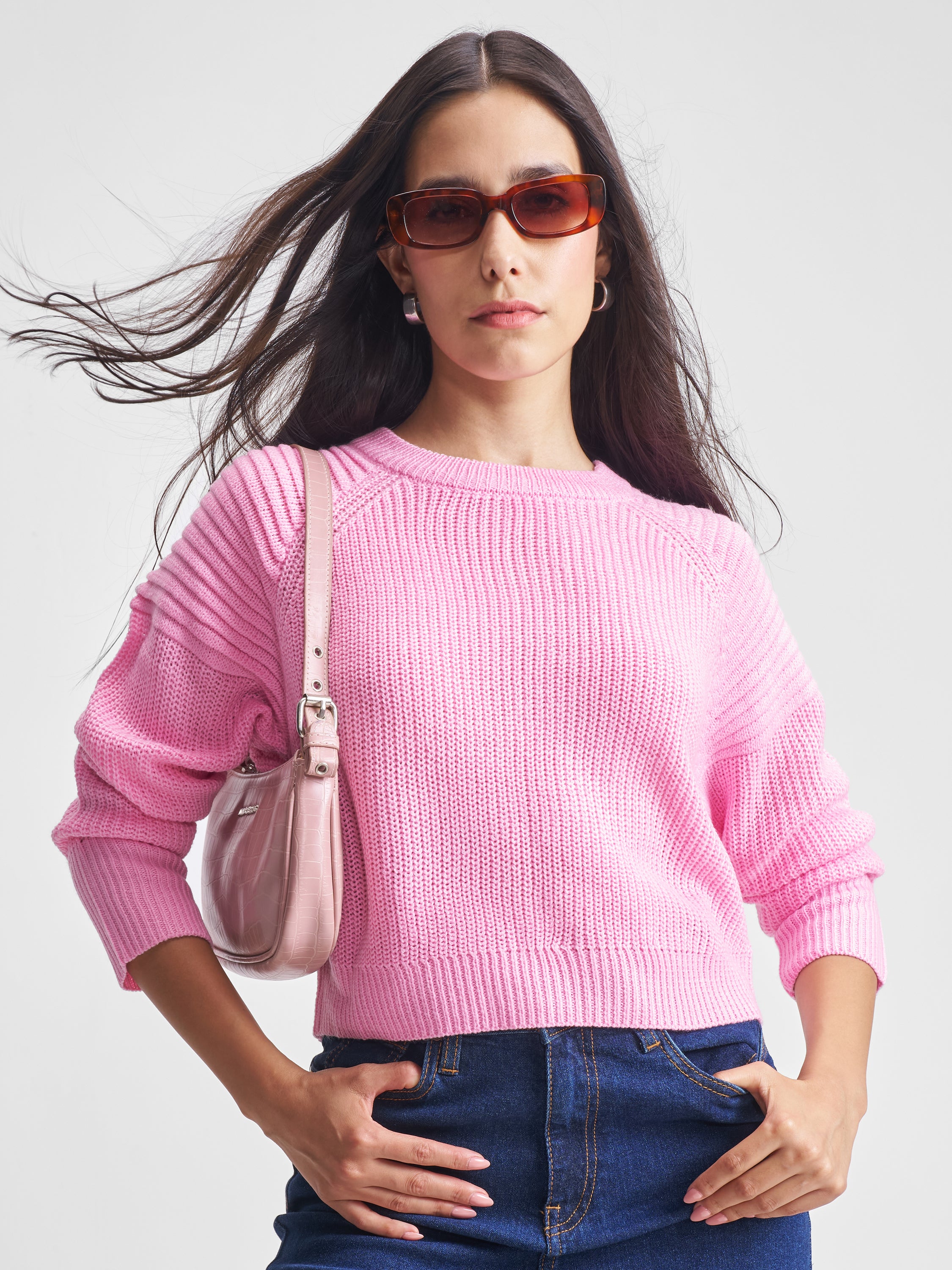 Tokyo Talkies Women Pink Round Neck Sweater - Pink - Image 1