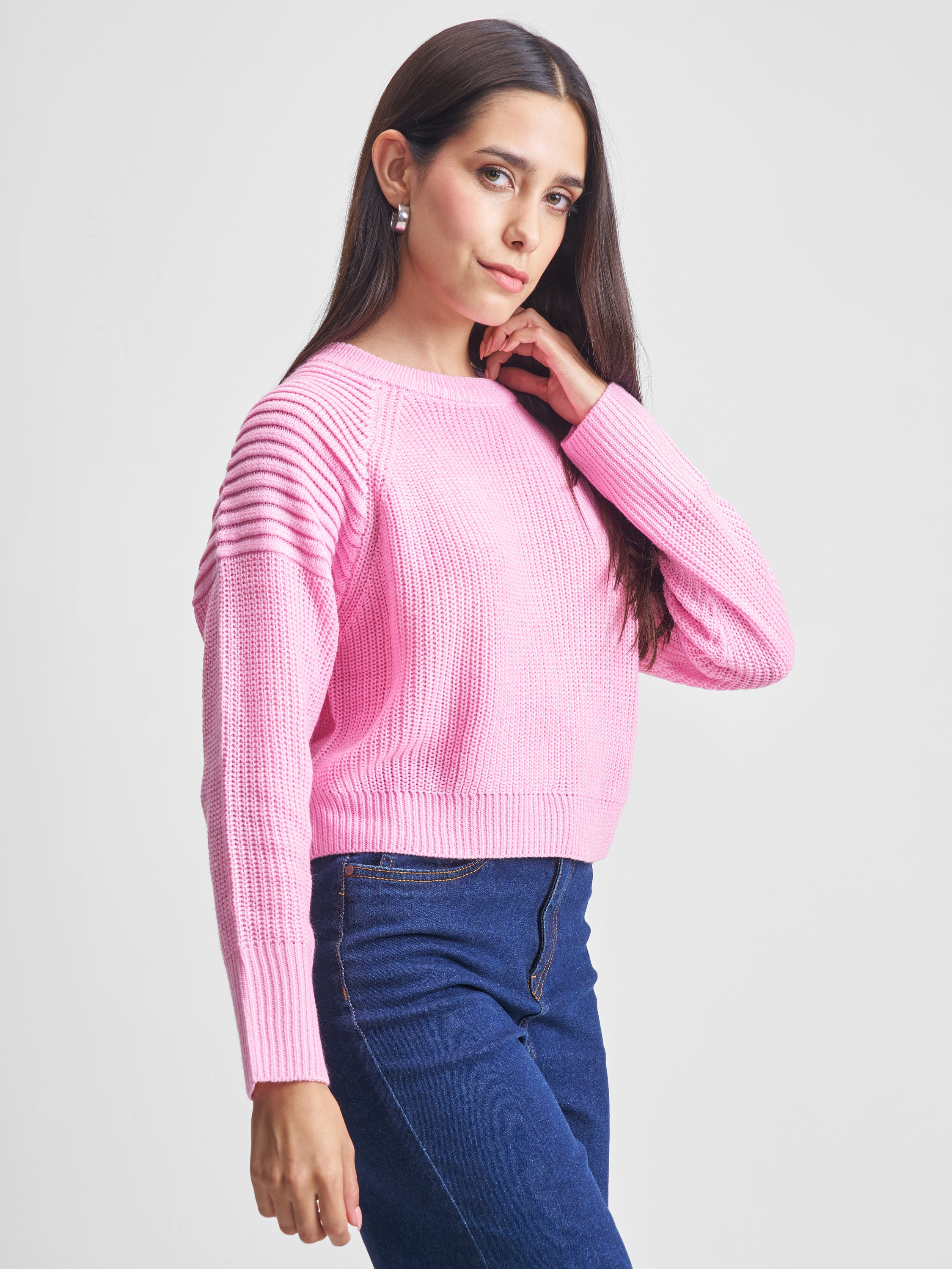 Tokyo Talkies Women Pink Round Neck Sweater - Pink - Image 6